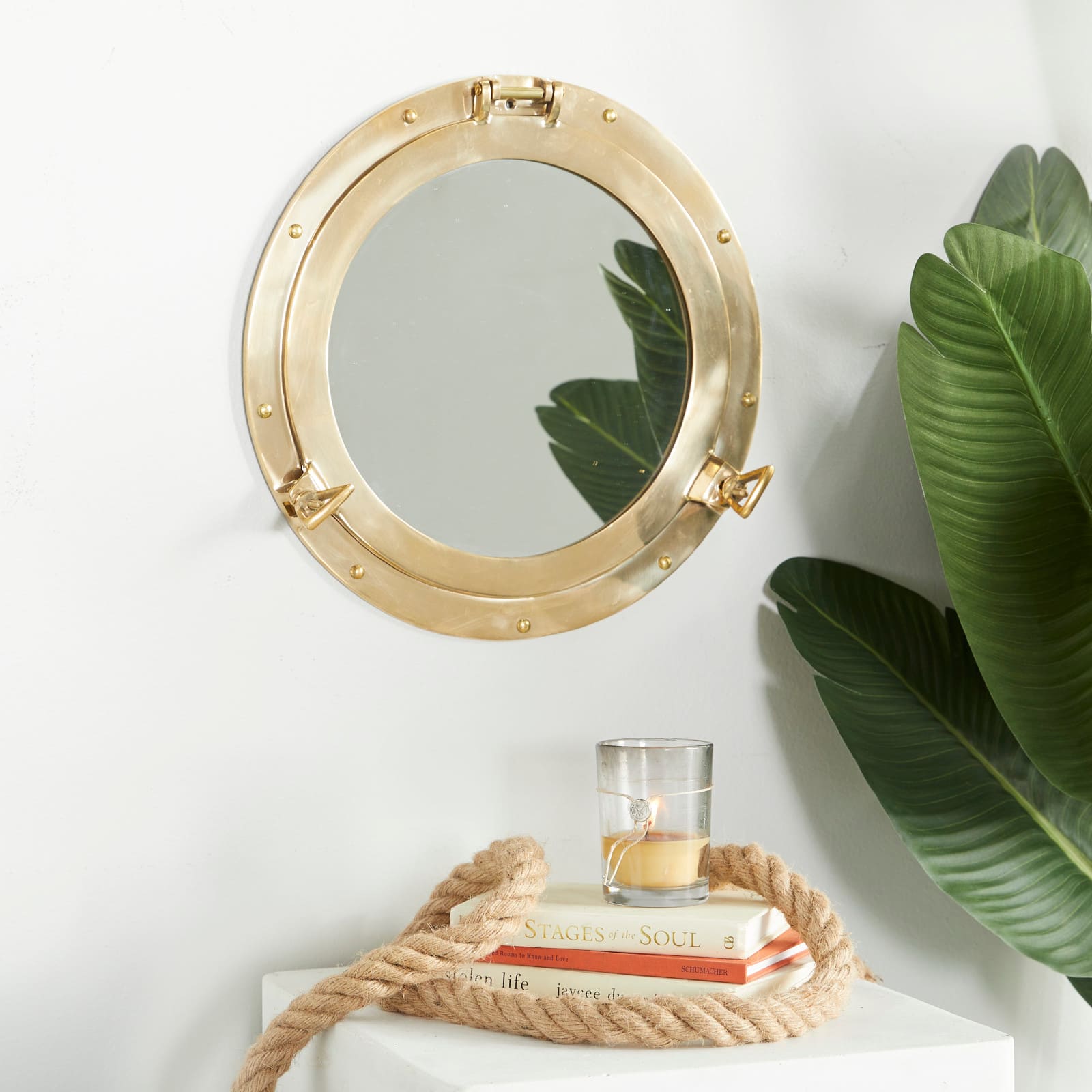Gold Brass Sail Boat Wall Mirror with Port Hole Detailing 15" x 3" x 15"