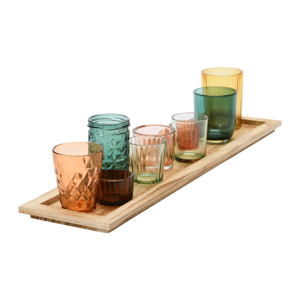 Hello Honey® Glass Votive Candle Holders & Wood Tray Set