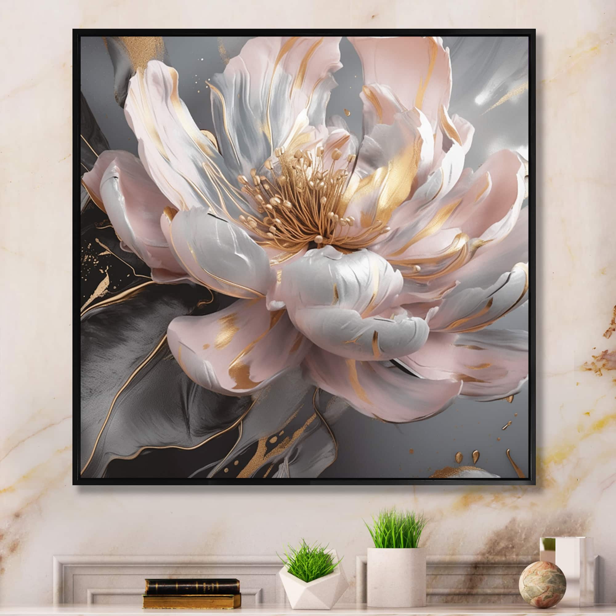 Designart "Marble Pink Gold Peony Flower Iii" Floral Peony Framed Canvas Print