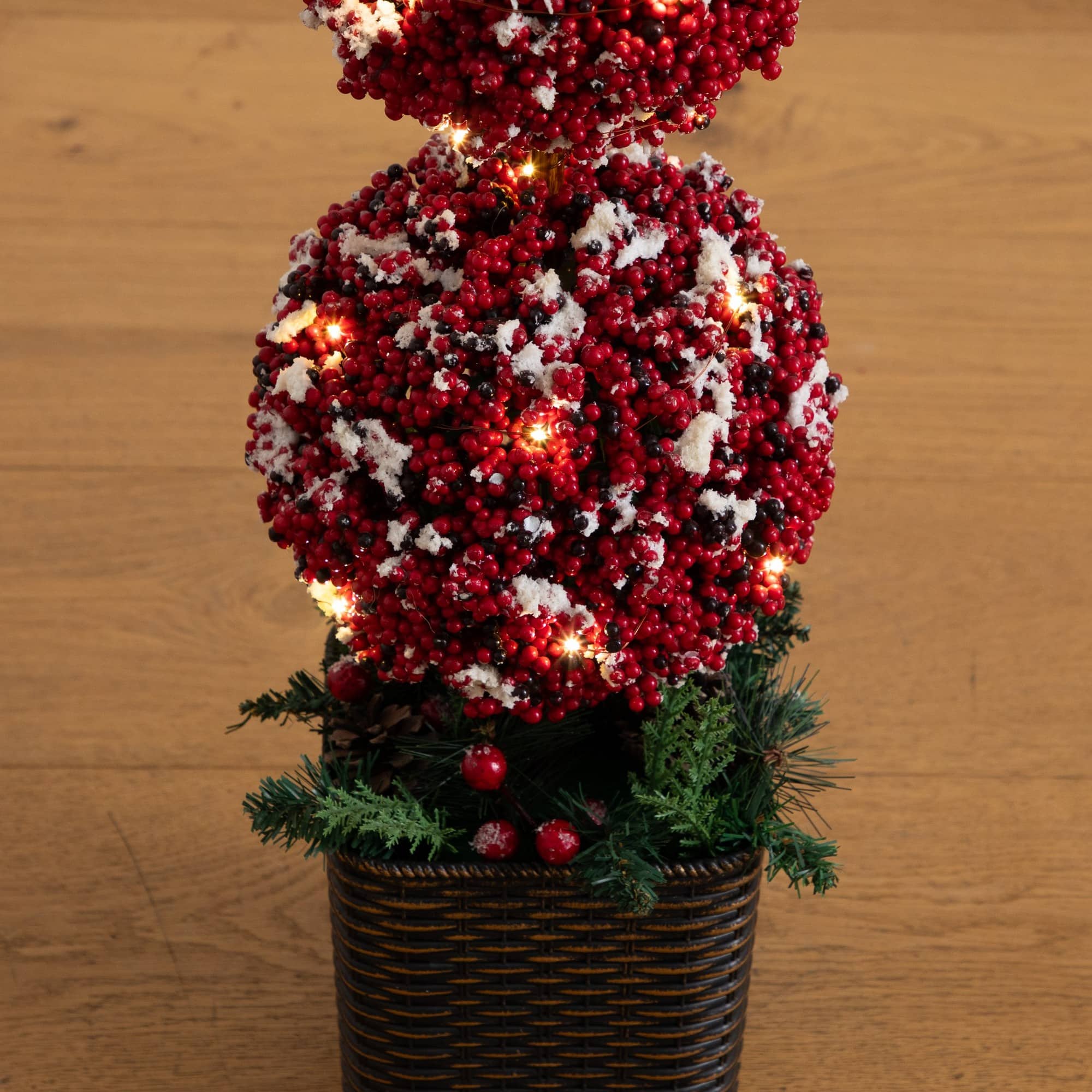 Nearly Natural 31" Artificial Christmas Snowed Holly Berry Triple Ball Topiary Tree in Decorative Planter