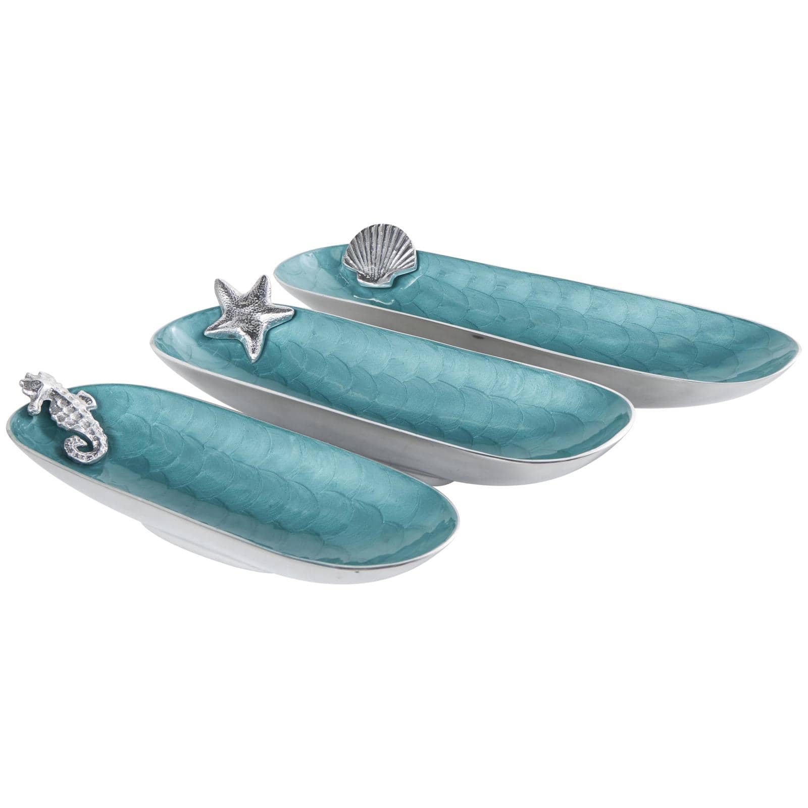 Teal Handmade Oval Aluminum Metal Decorative Bowl with Shell, Starfish & Seahorse Accent Set