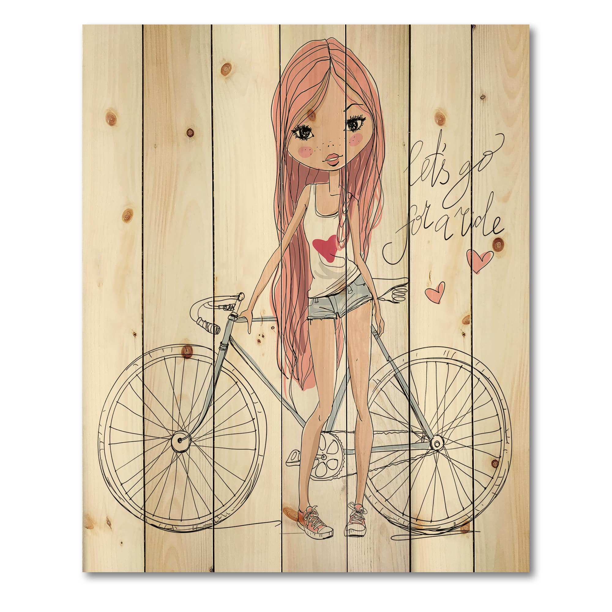 Designart - Young Girl With Bicycle - Children's Art Print on Natural Pine Wood