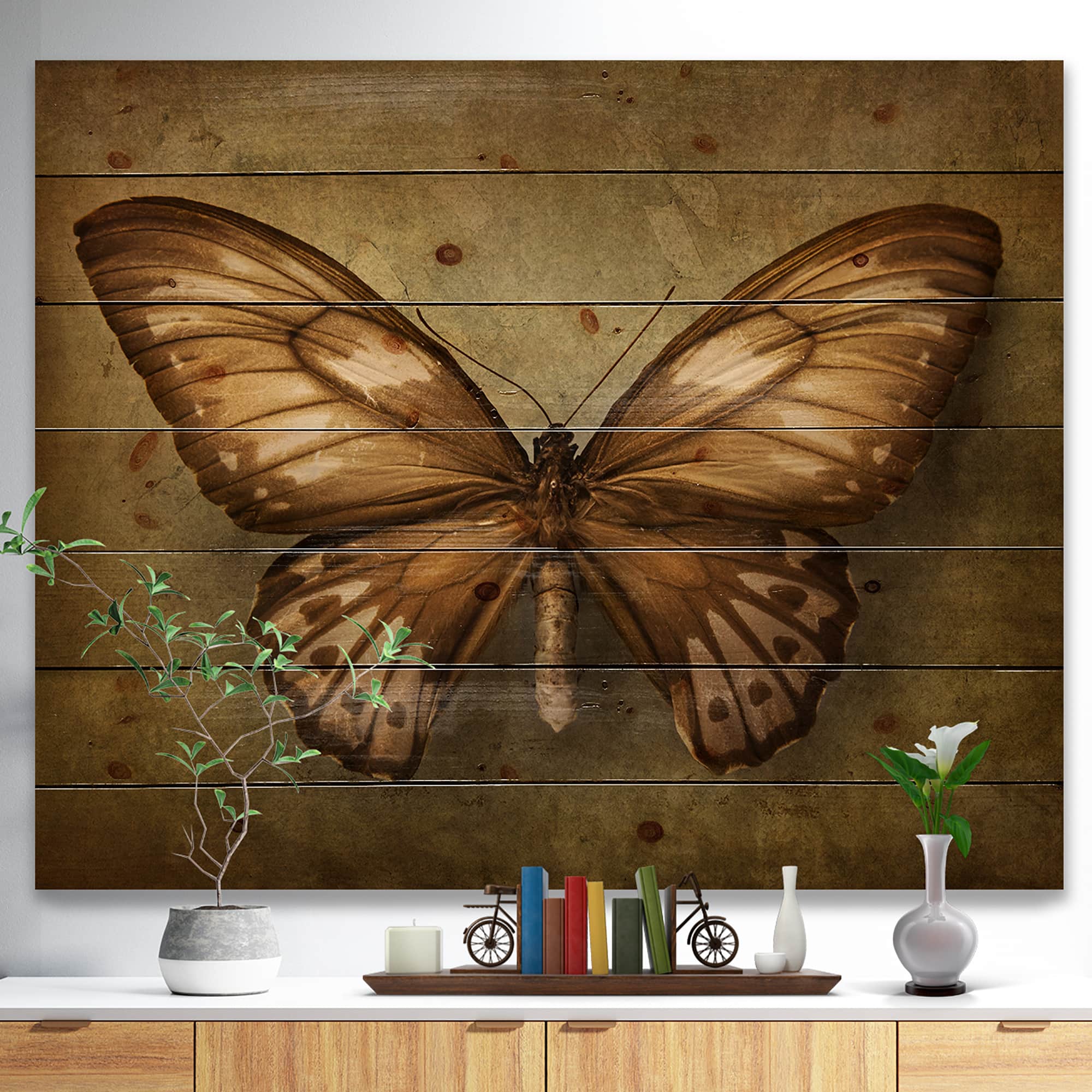 Designart - Vintage Butterfly - Vintage Painting Print on Natural Pine Wood