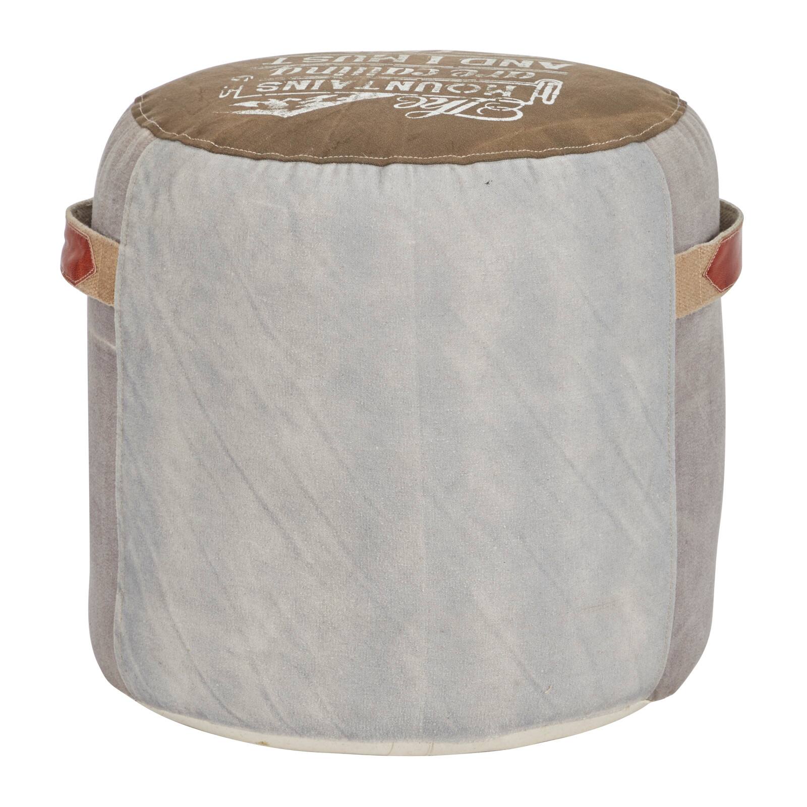 Brown Canvas and Leather Rustic Pouf, 19" x 17" x 17"