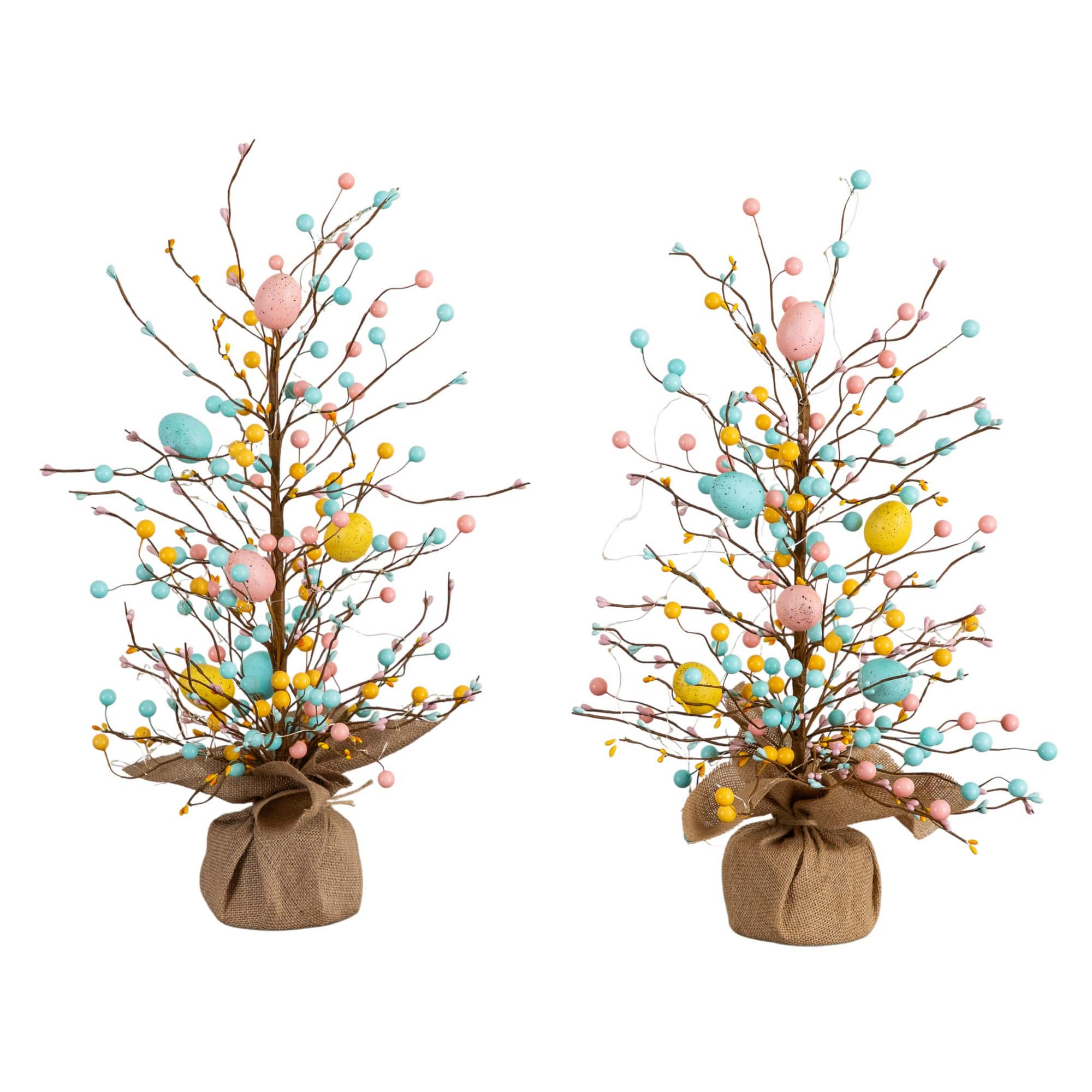 24" Pre-Lit Artificial Easter Egg Twig Tree with 30 LED Lights in Burlap Wrapped Base - Set of 2