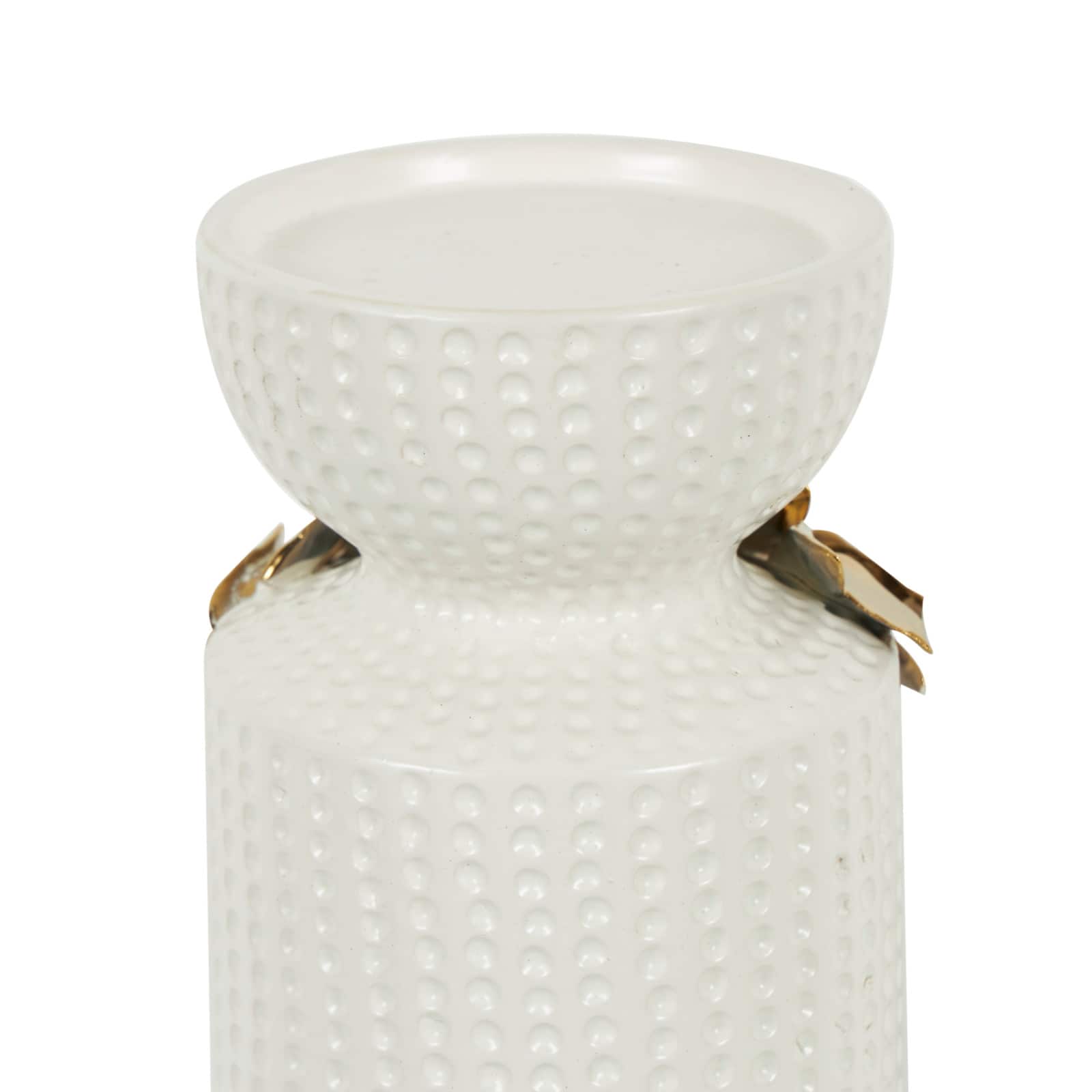 White Abstract Spotted Ceramic Pillar Candle Holder Set with Gold Leaf Accents