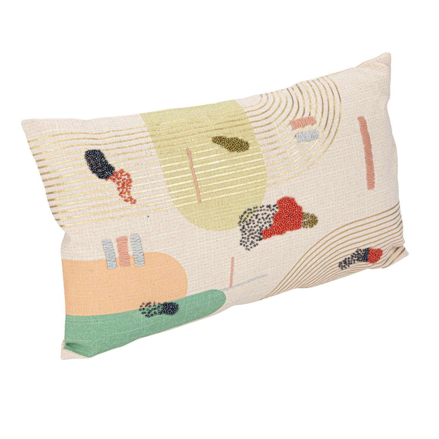 Hello Honey® 20" Multicolor Hand-Embroidery & Beads Cotton Slub Lumbar Pillow