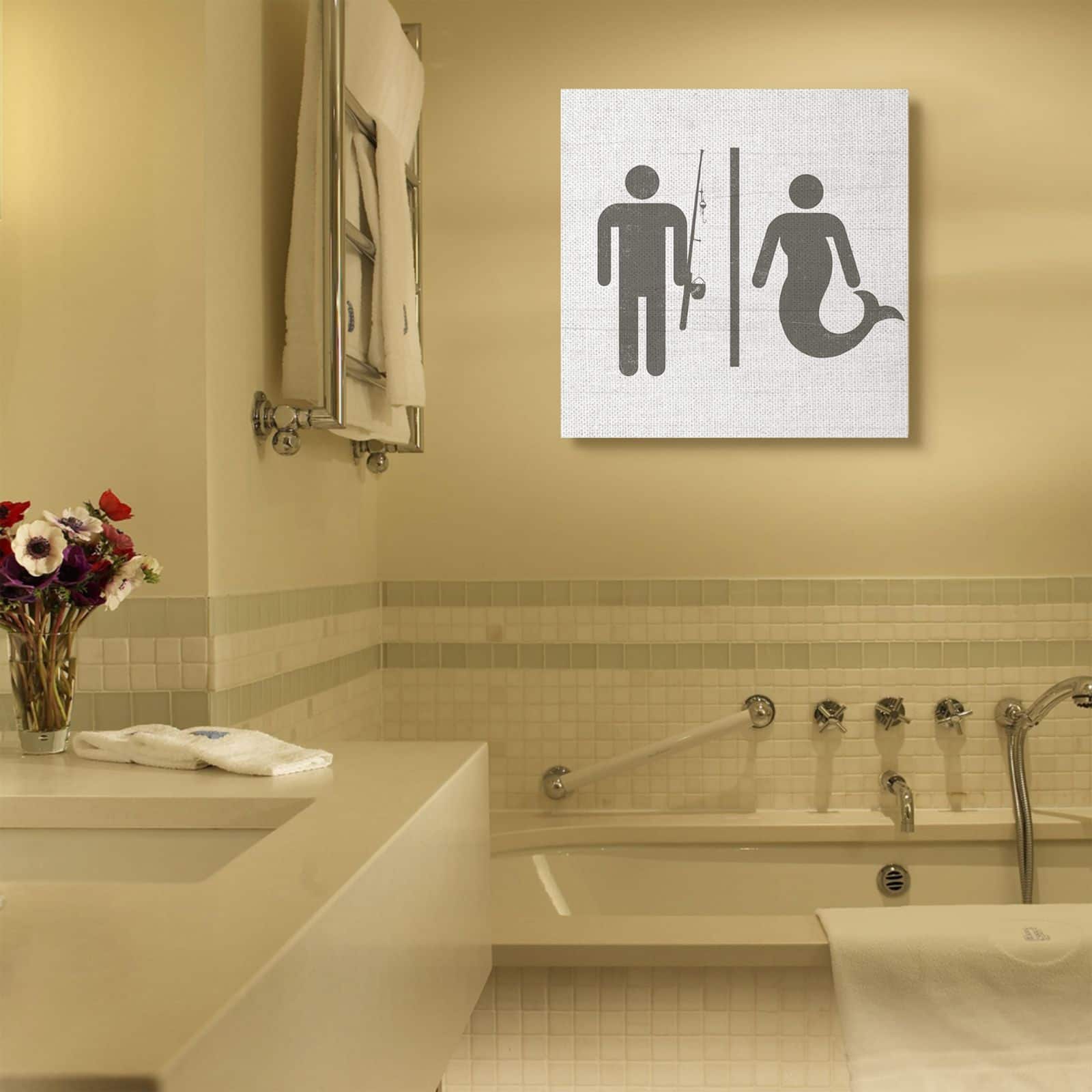 Stupell Industries Rustic Fisherman or Mermaid Bathroom Sign Grey White Canvas Wall Art