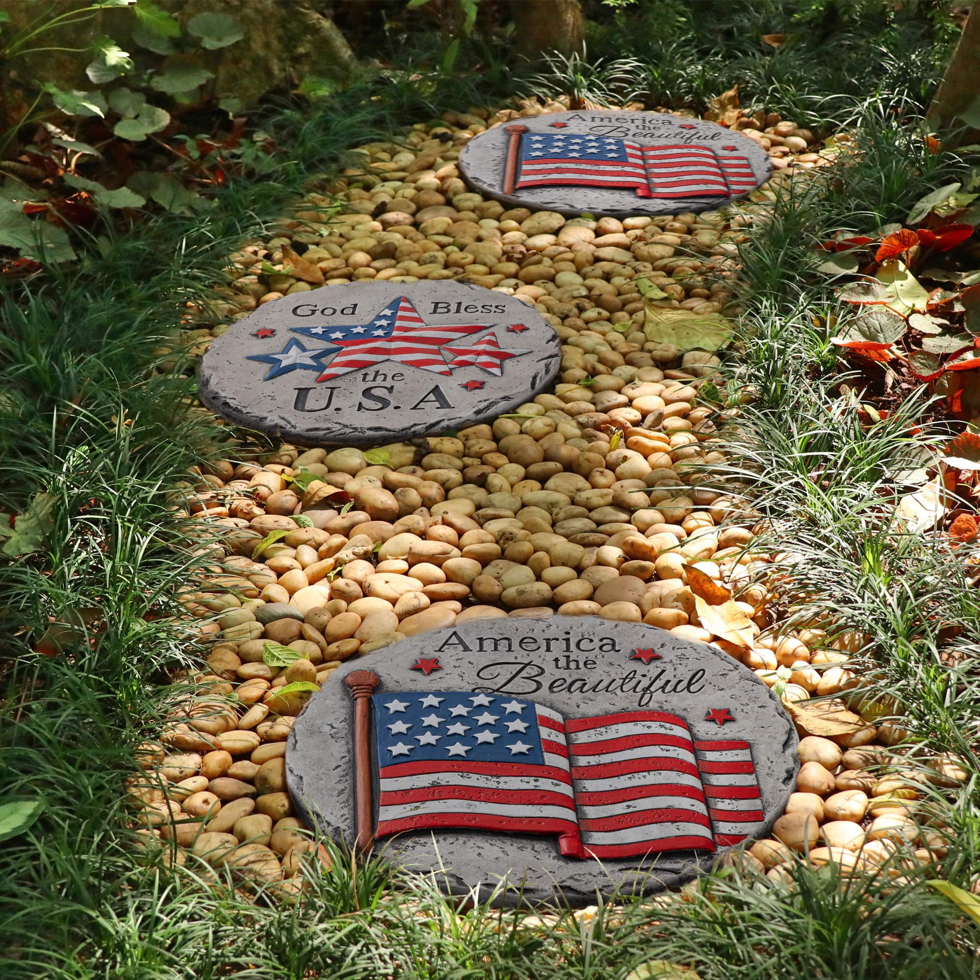 Glitzhome® 10" Set of 2 Patriotic Americana Cement Flag and Stars Stepping Stones