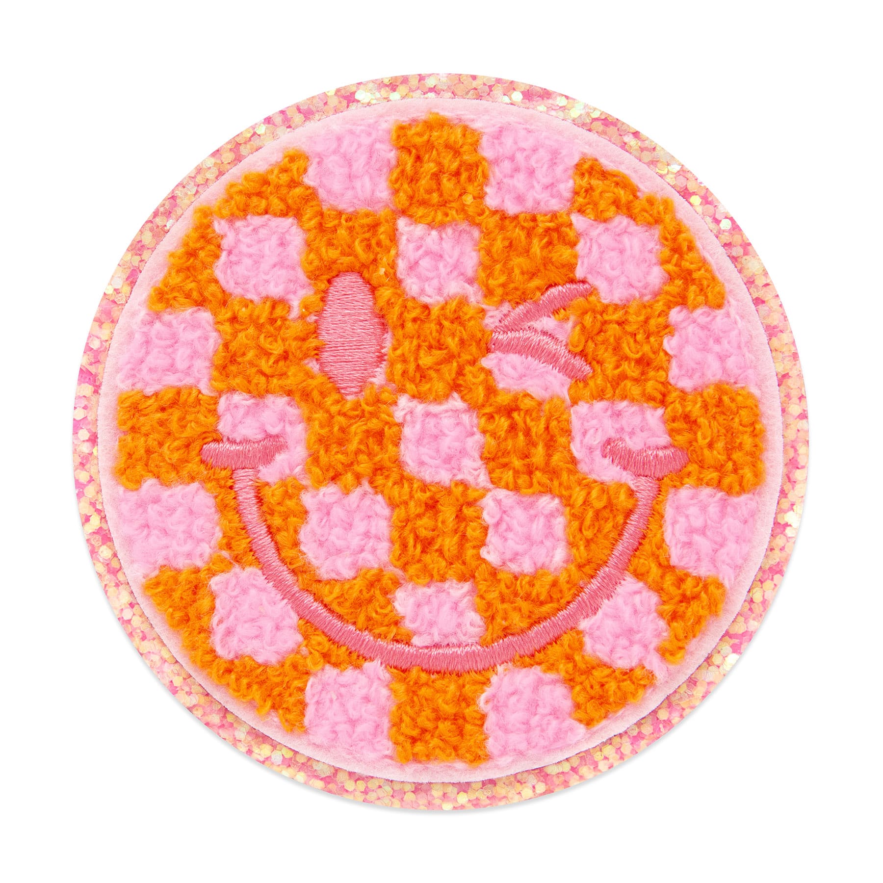 Pink Checked Smiley Face Embroidered Iron-On & Adhesive Patch by Make Market®