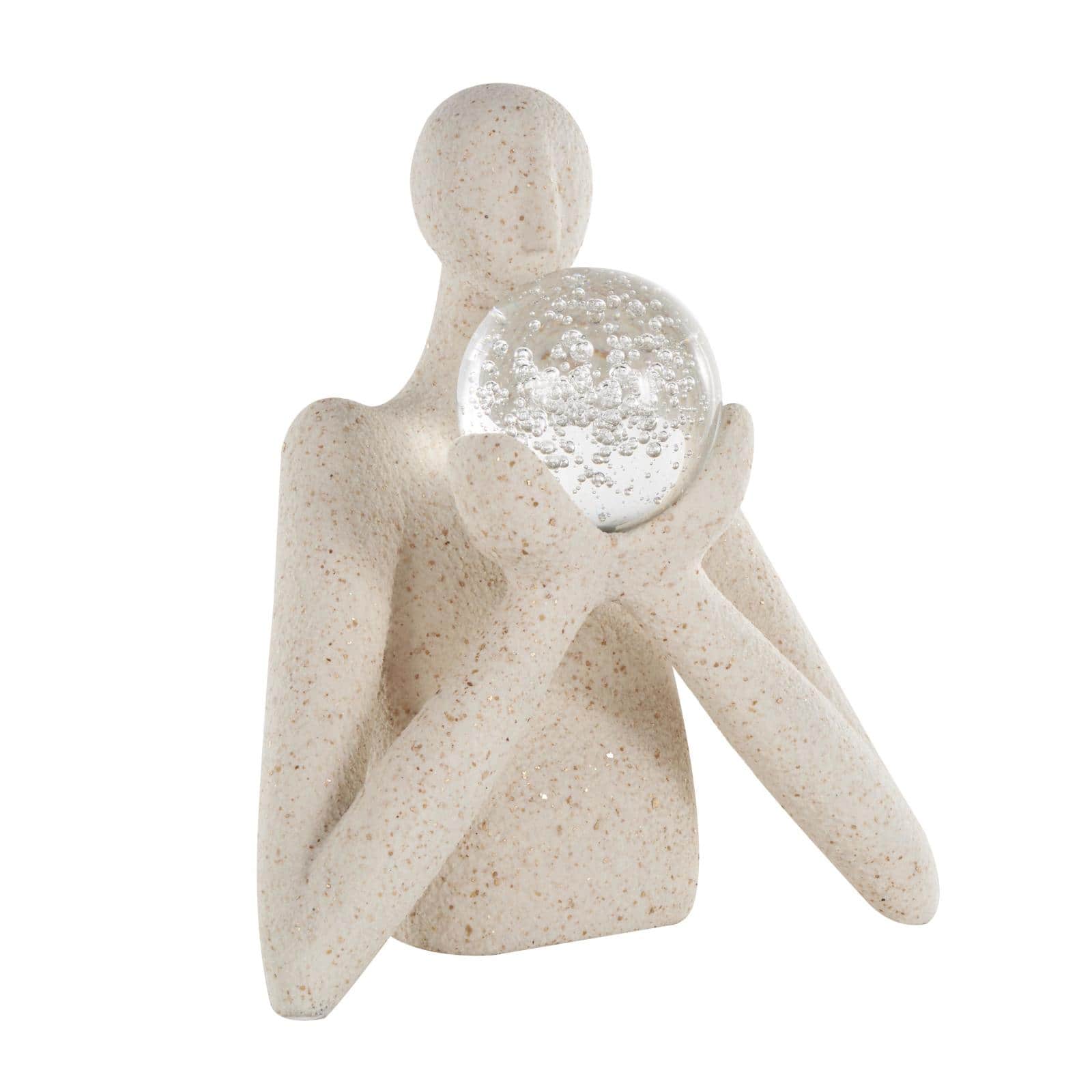 12.75" Cream People Abstract Textured Polystone Sculpture with Clear Glass Ball & Gold Speckles
