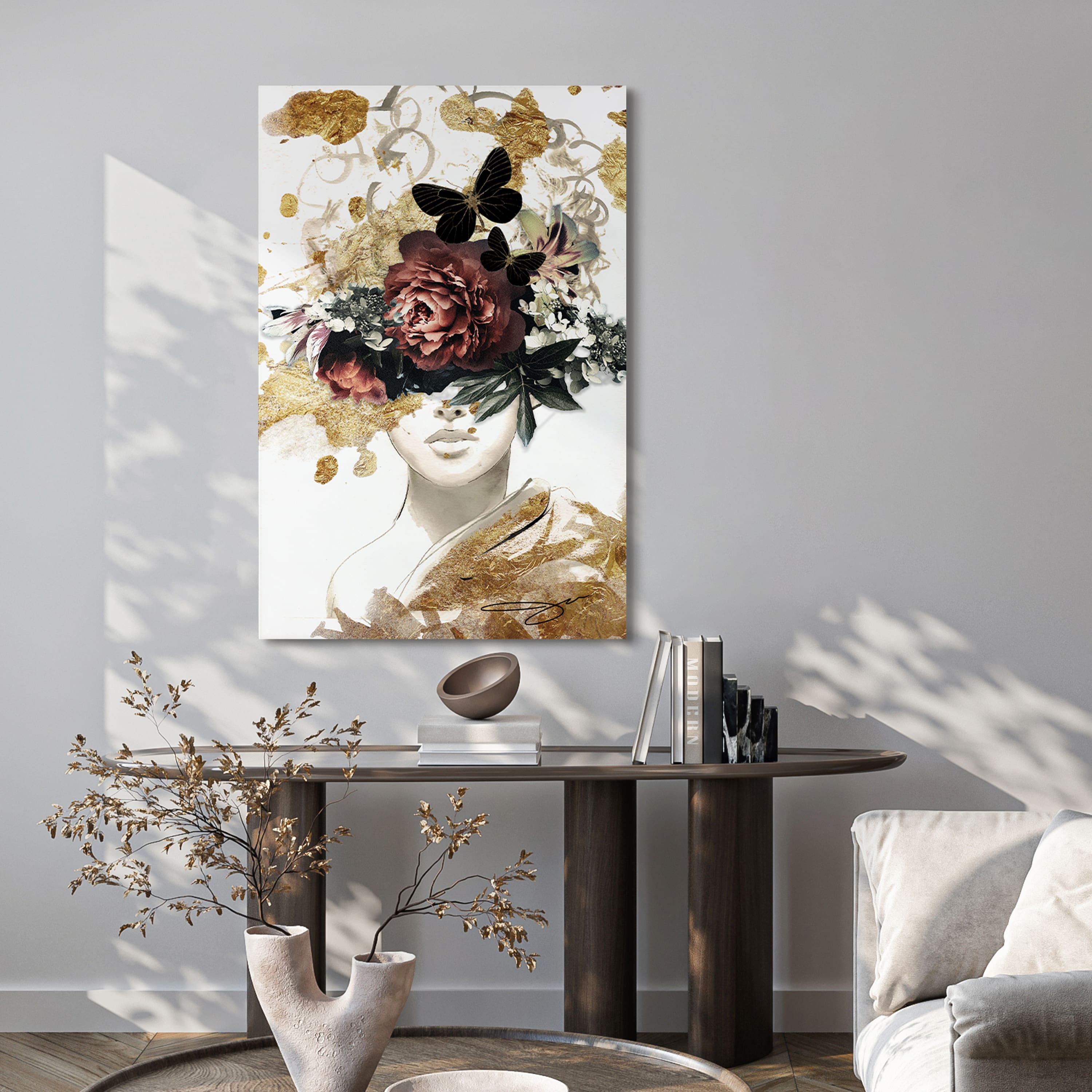 Empire Art Direct 32" x 48" Gold Covered Frameless Free Floating Printed Tempered Glass Wall Art