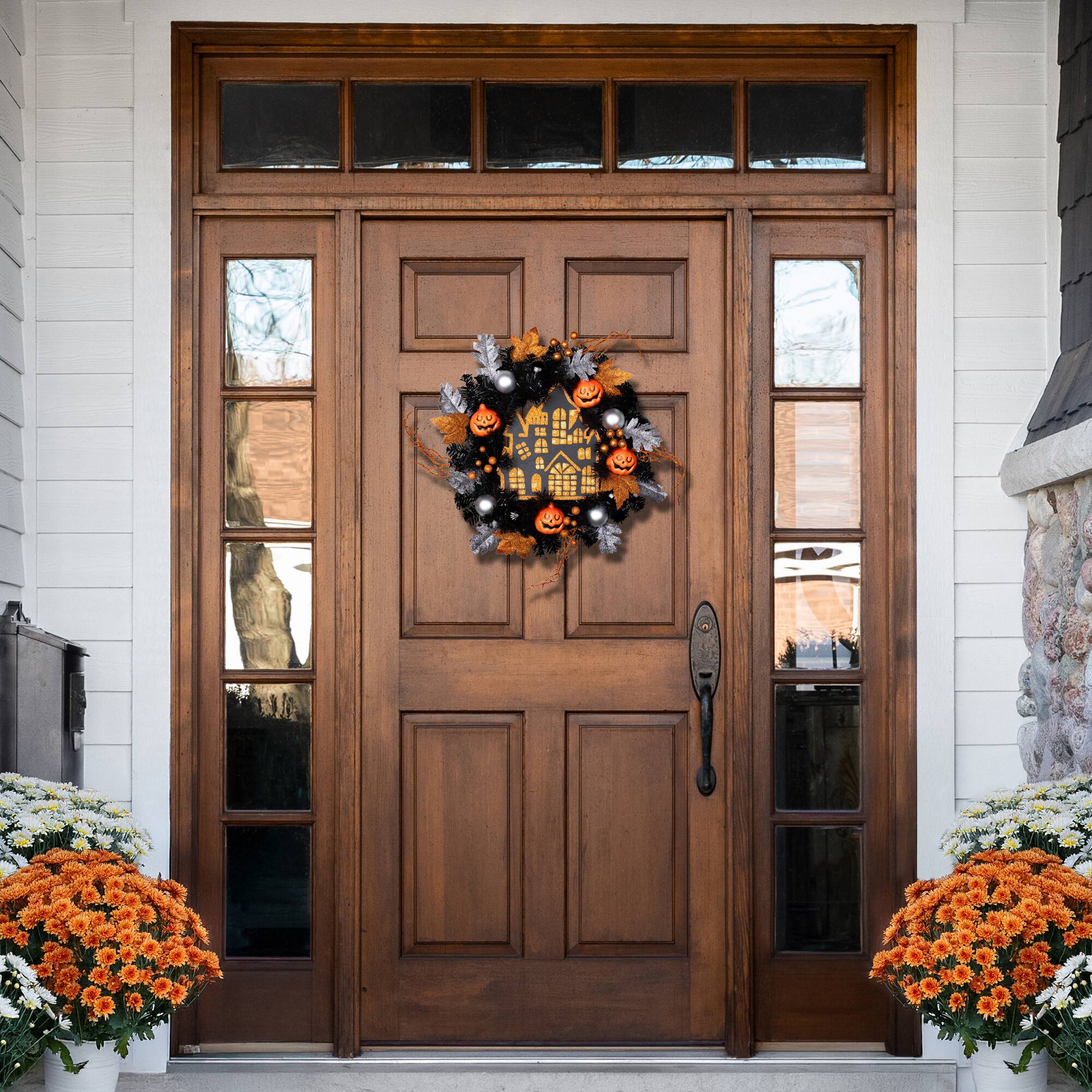 24'' Unlit Orange and Black Haunted House Halloween Wreath