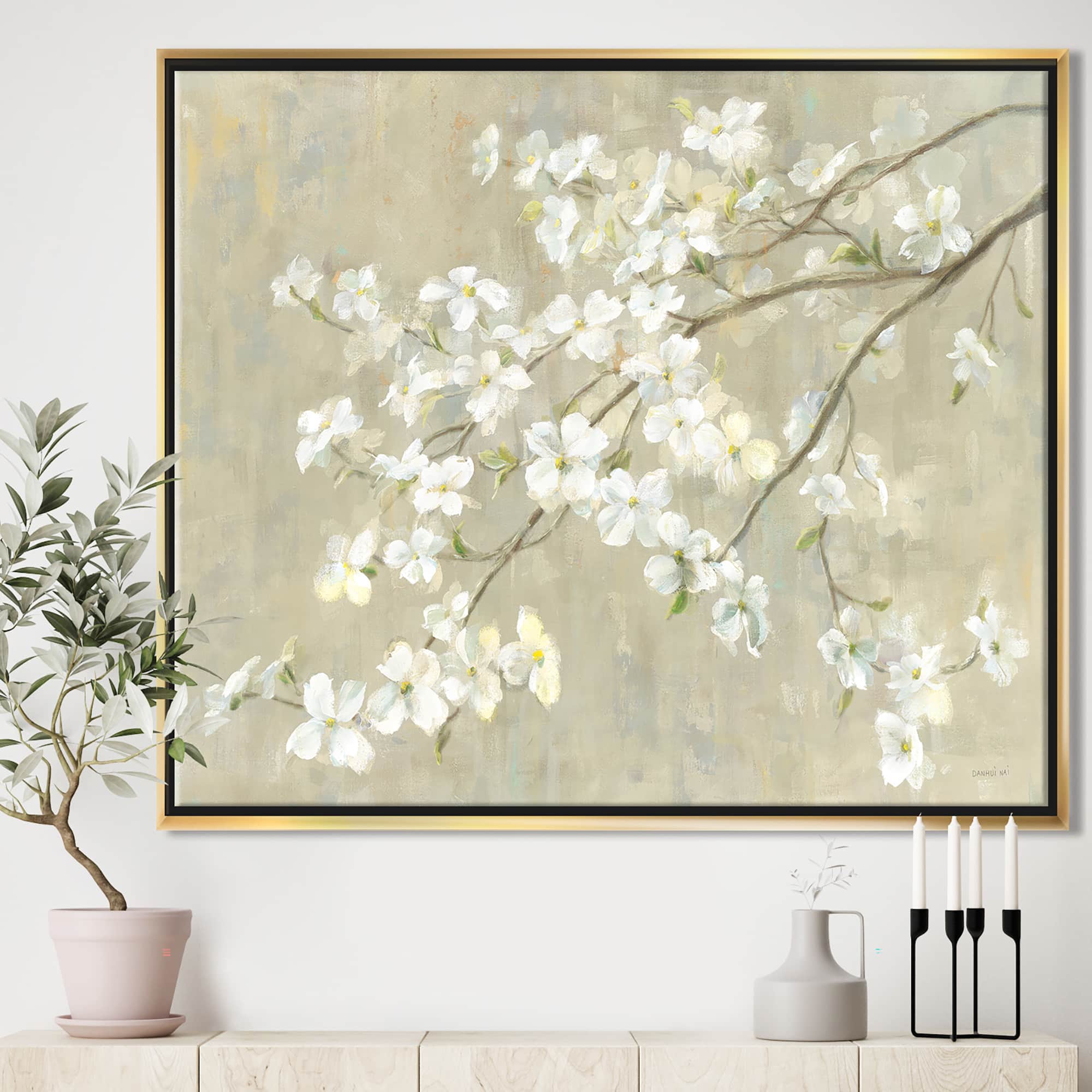 Designart - Dogwood in Spring Neutral - Farmhouse Canvas in Gold Frame