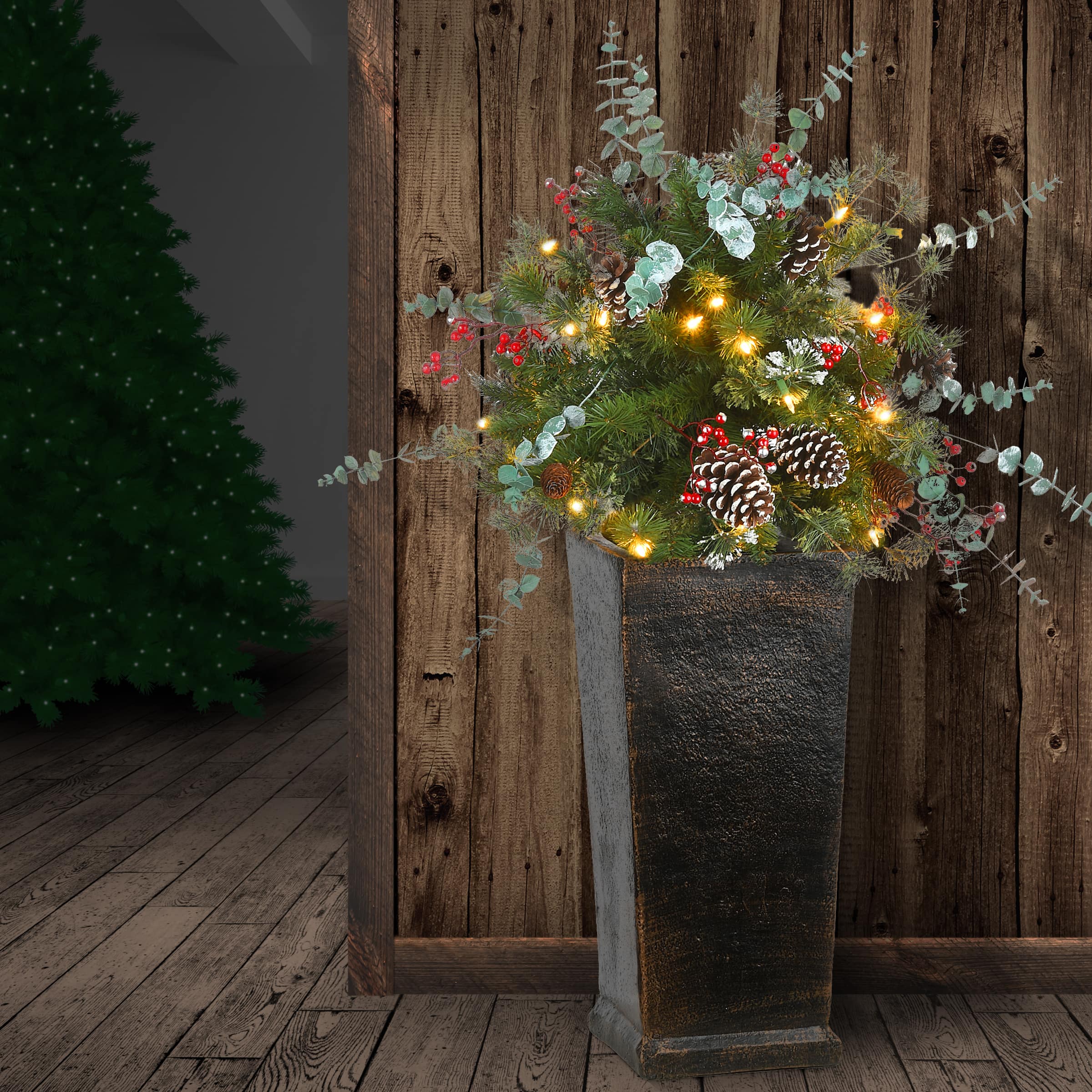 3ft. Pre-Lit Meadow Basin Artificial Christmas Tree in Tall Planter, Warm White LED Lights