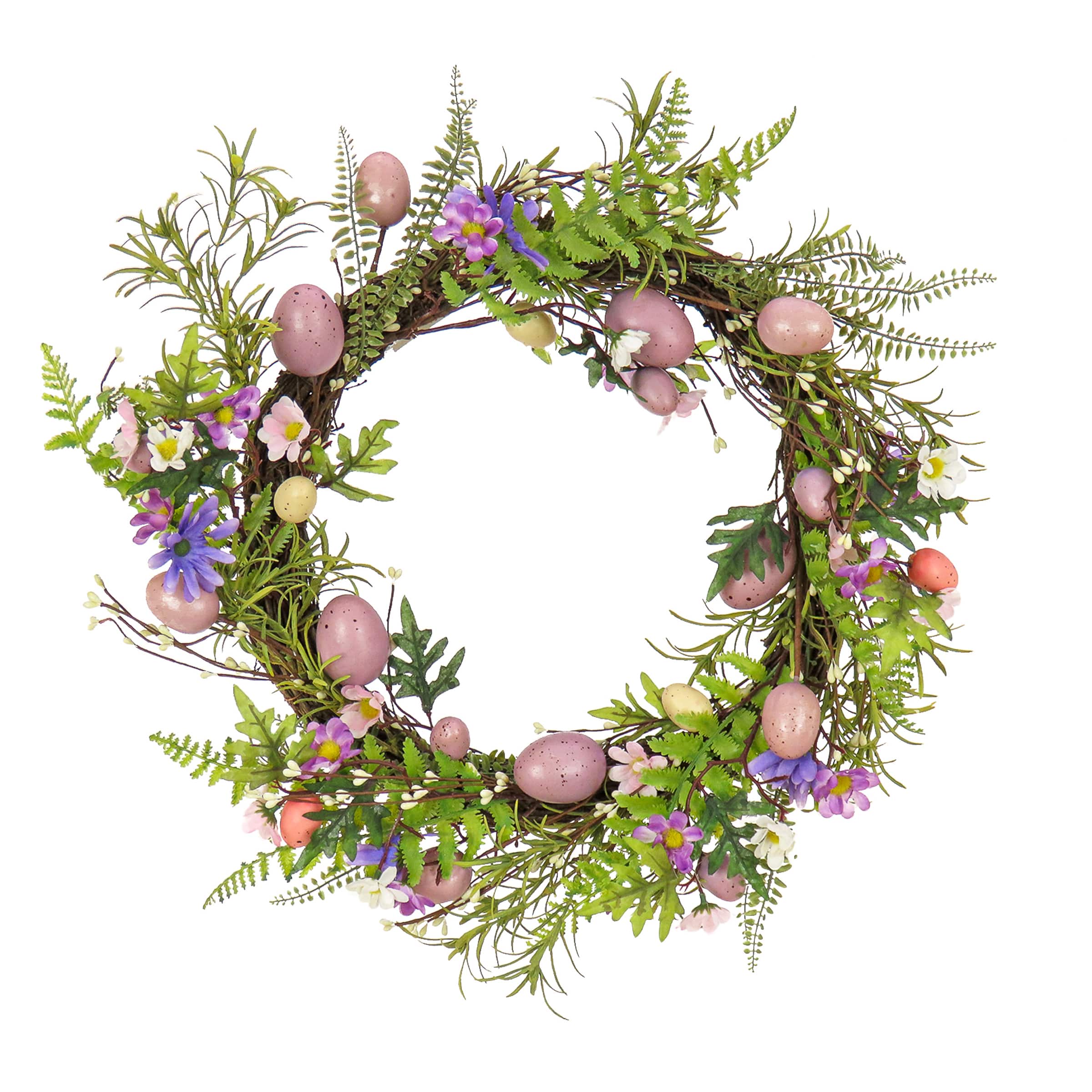 22" Pink Eggs, Flowers & Ferns Wreath
