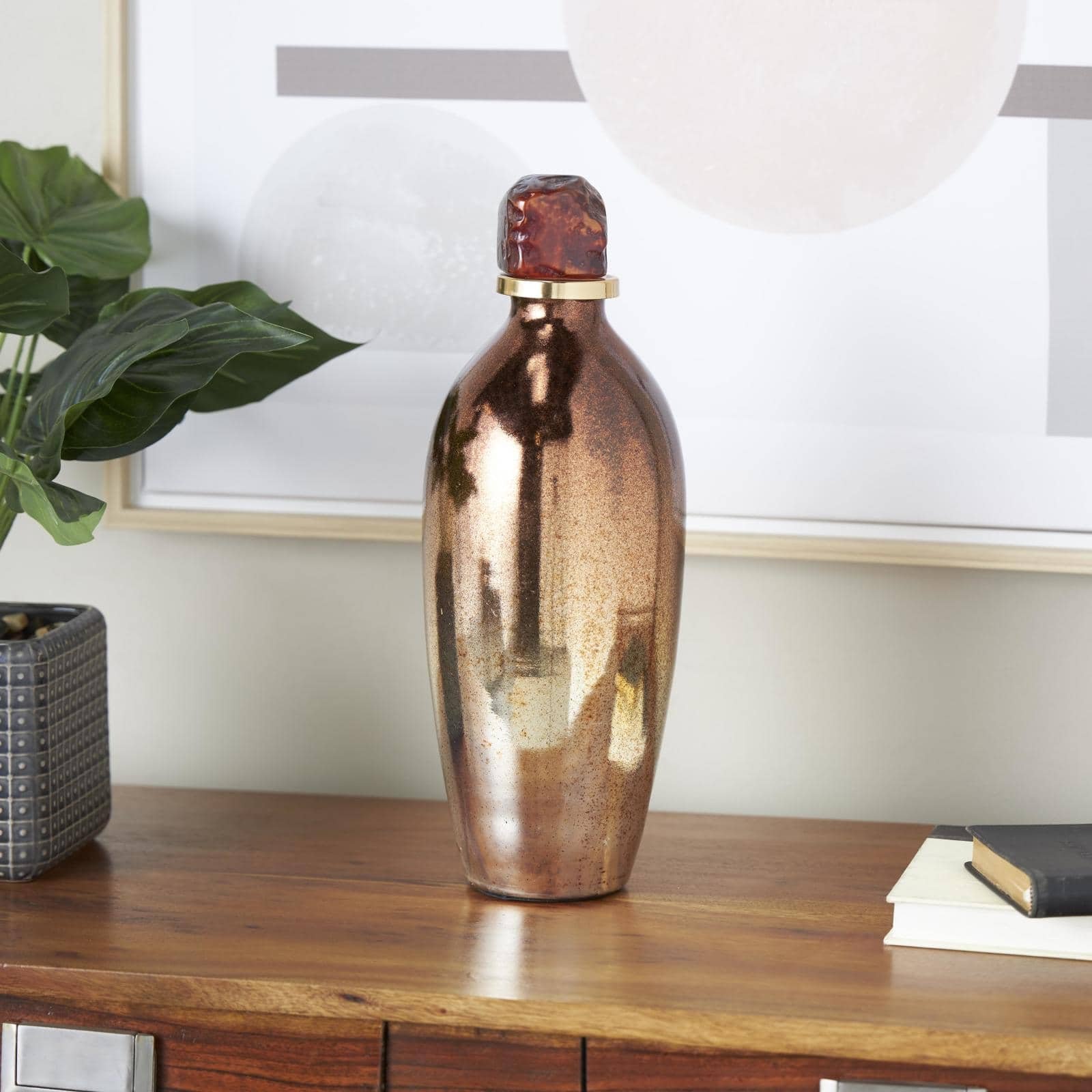 14" Gold, Beige & Copper Glass Speckled Ombre Decorative Jar with Textured Top Knob