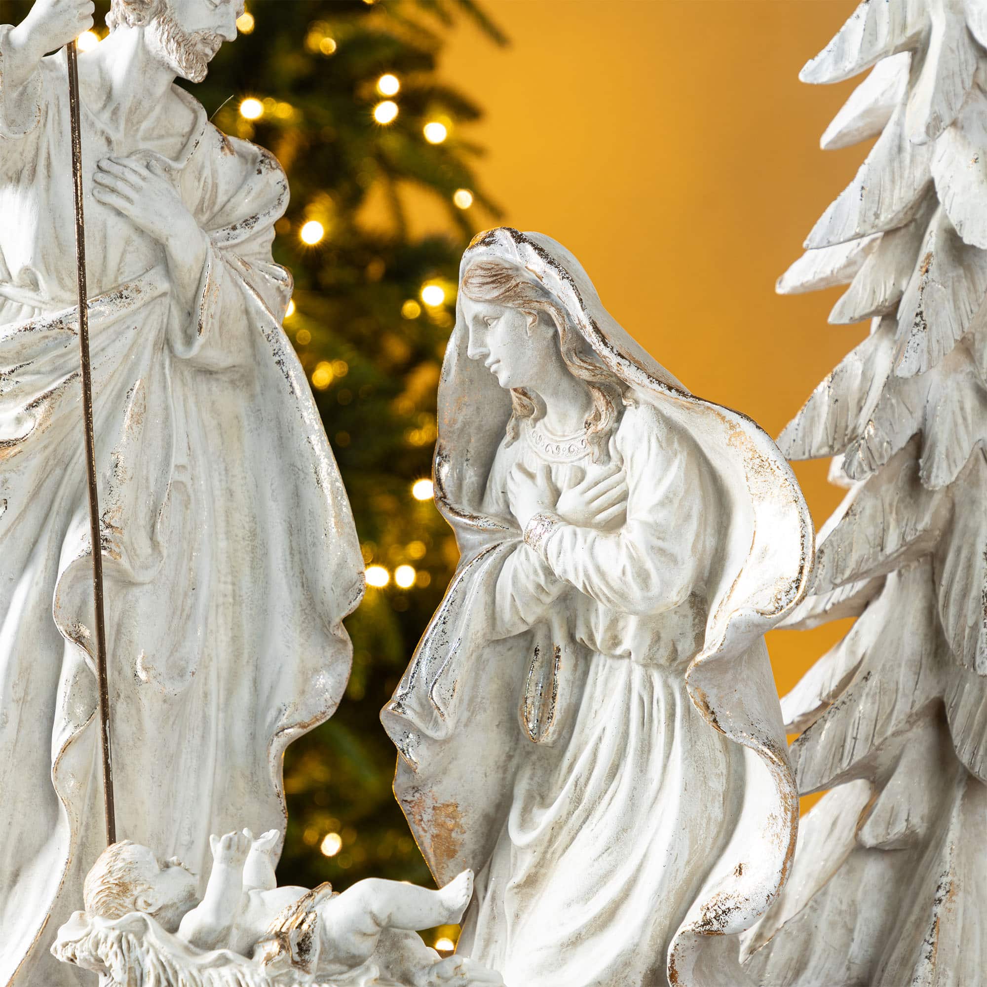 Glitzhome® 5-Piece White & Gold Resin Holy Family with Christmas Trees Set