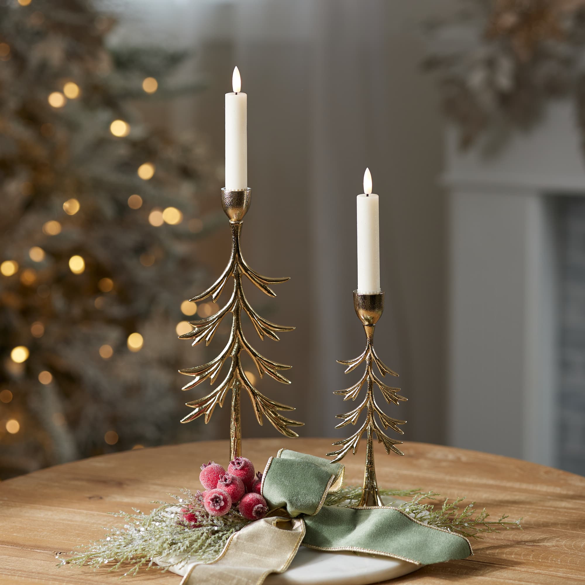 Melrose Metal Pine Tree Taper Candle Holder Set