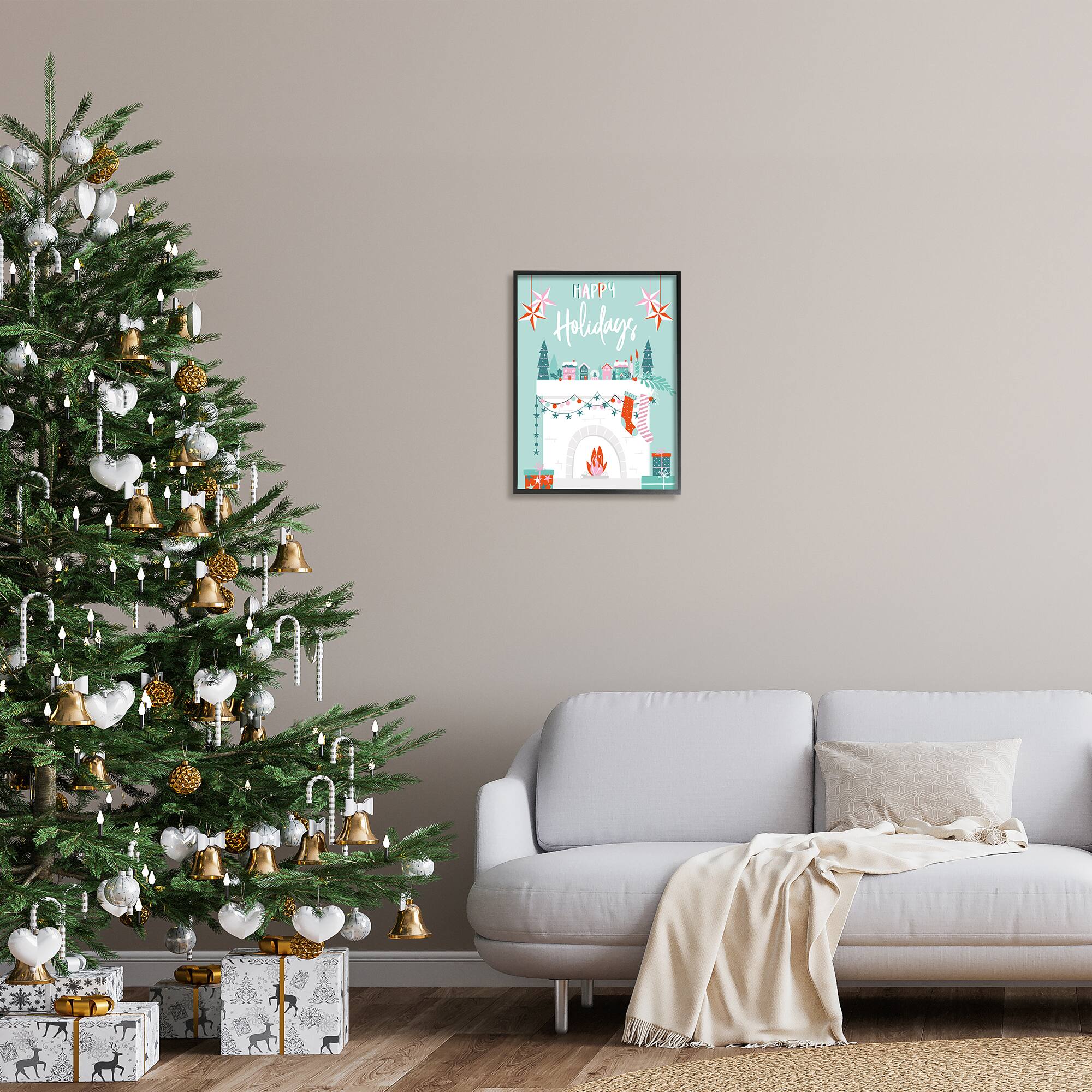 Stupell Industries Happy Holidays Festive Mantel Stockings Framed Giclee Art