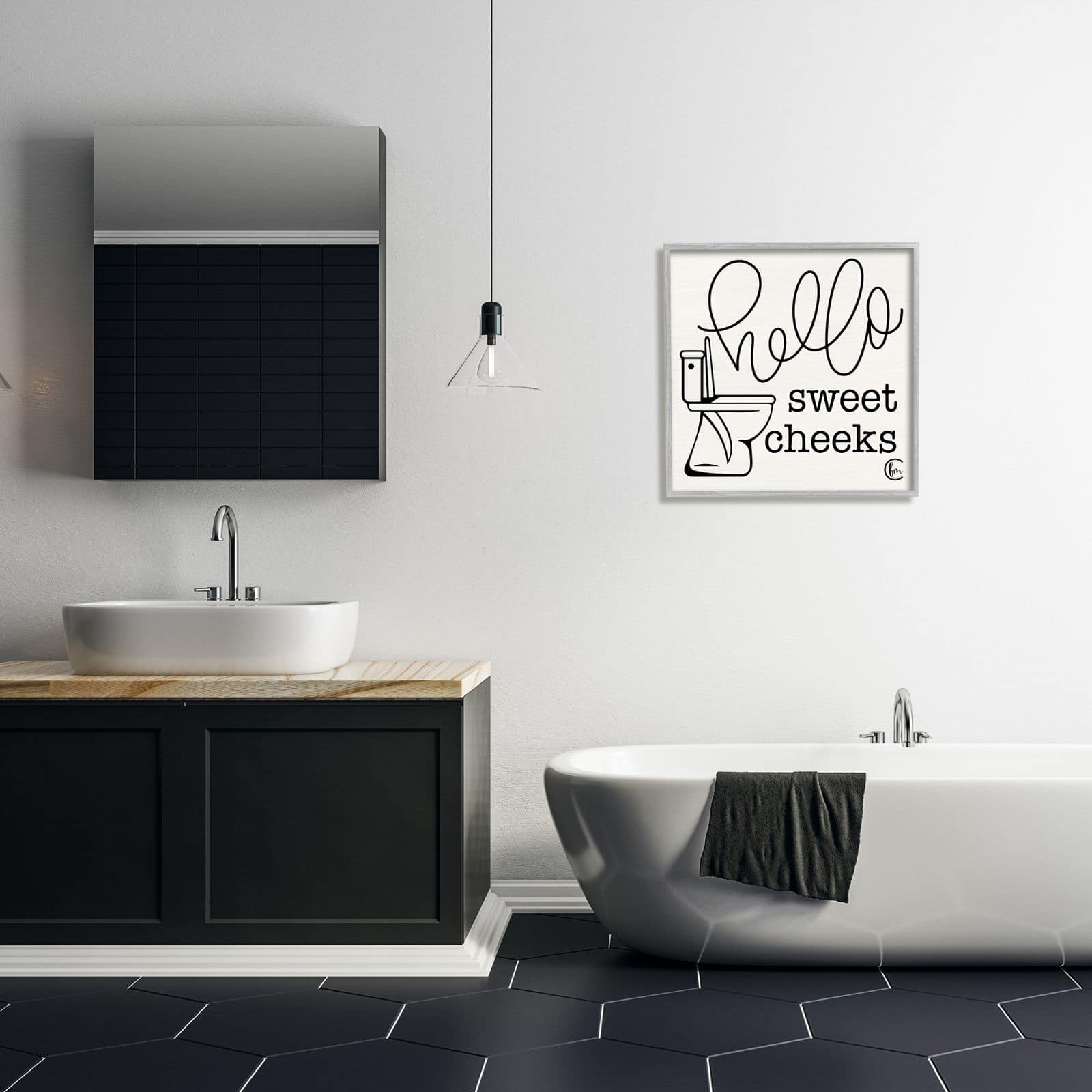 Stupell Industries Toilet Hello Sweet Cheeks Black and White Curly Script Cursive Typography Framed Wall Art