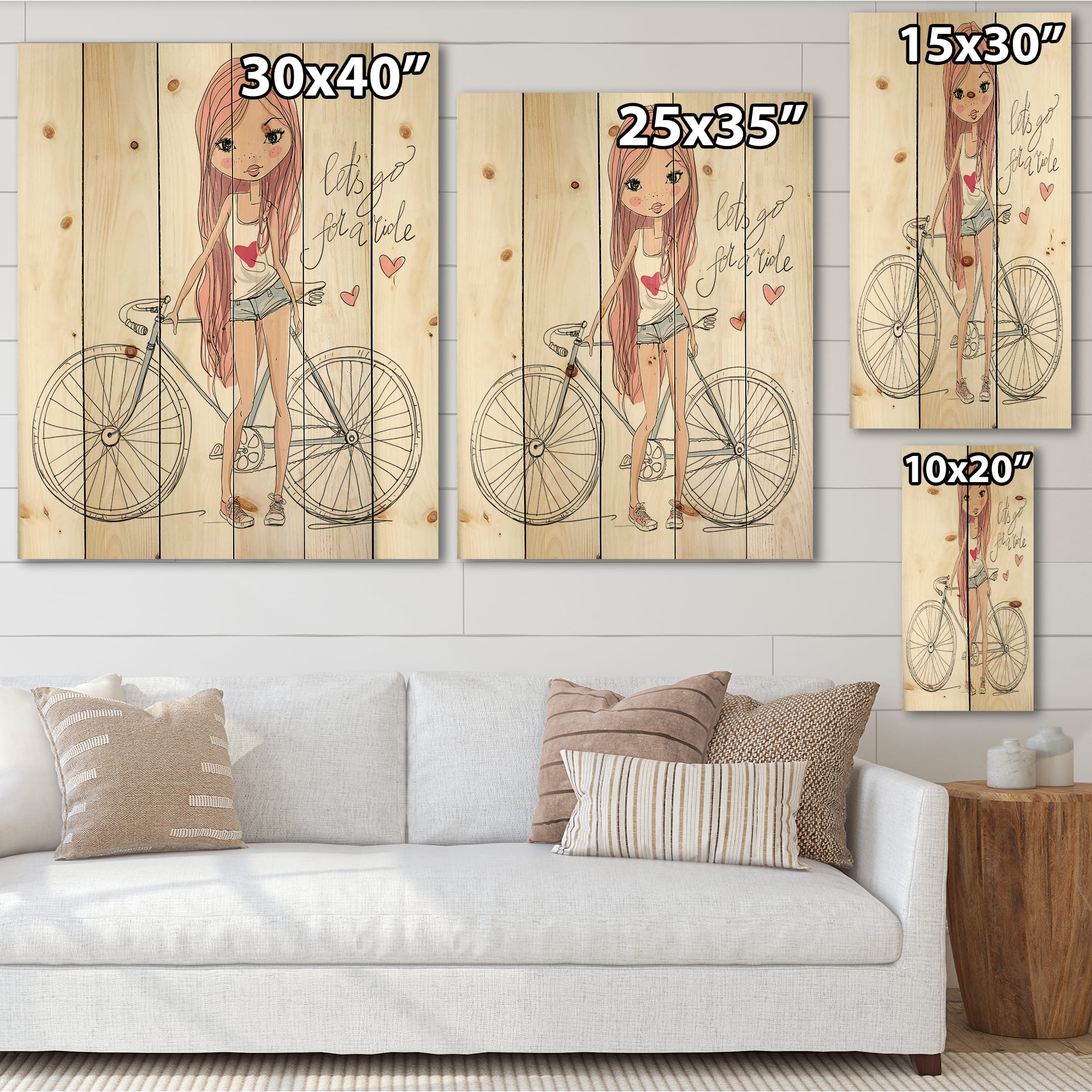Designart - Young Girl With Bicycle - Children's Art Print on Natural Pine Wood