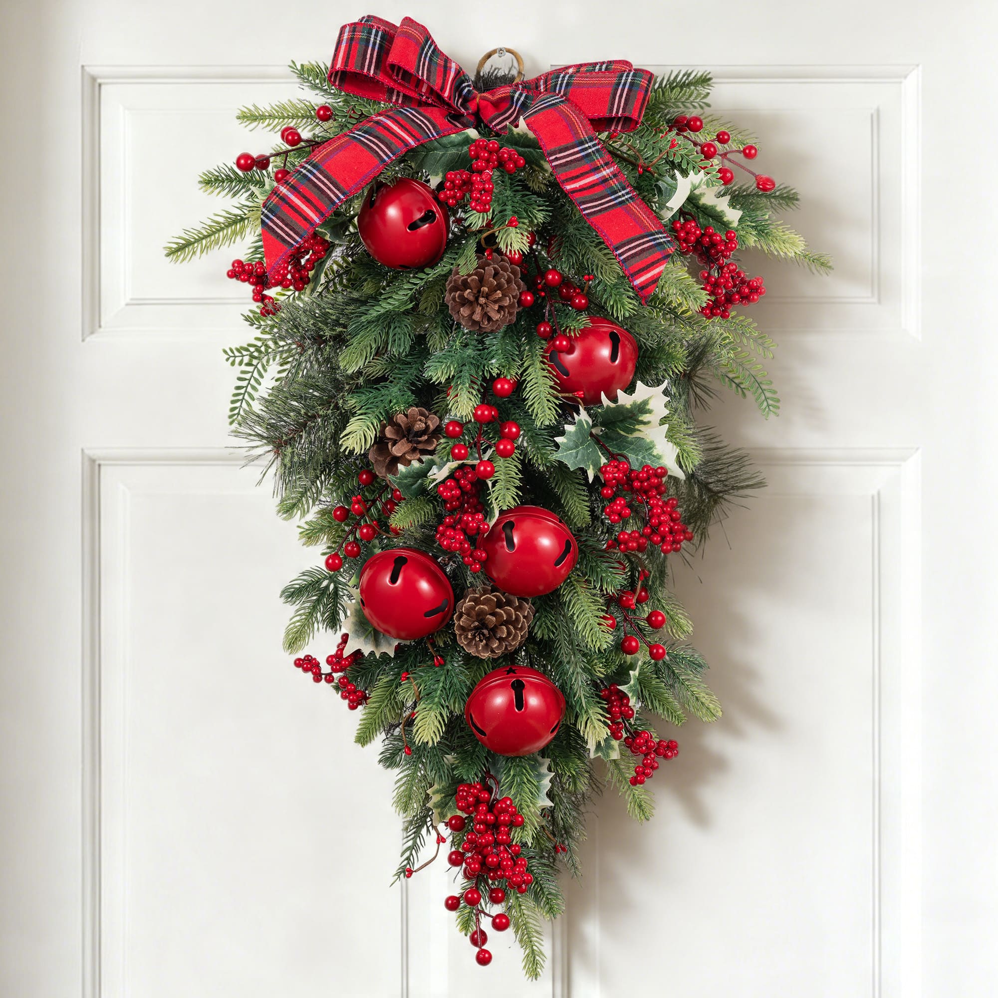 Glitzhome® 28" Christmas Bell Pinecone & Berry Bow Teardrop, Set of 2