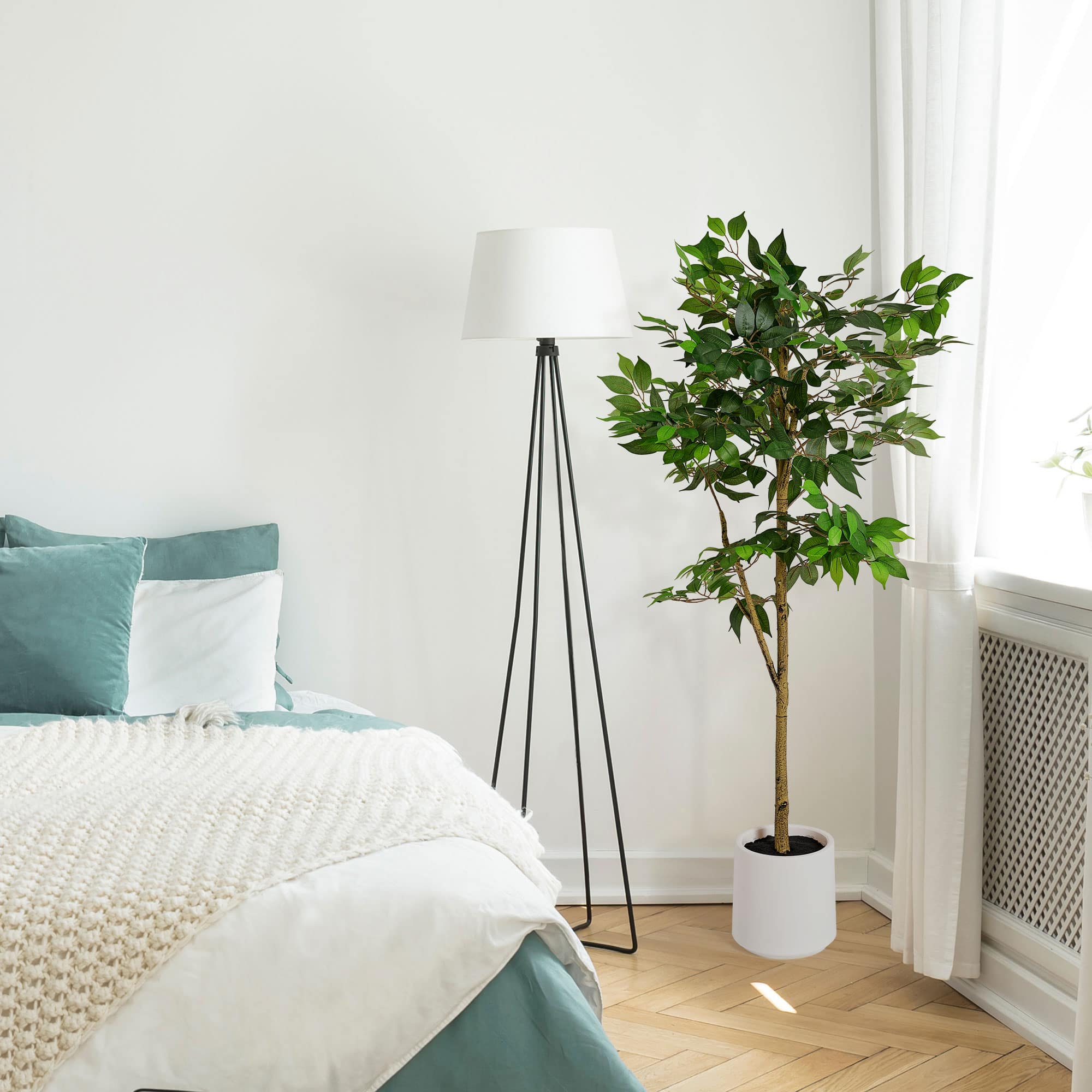 American Art Decor 5ft. Realistic Artificial Ficus Tree Faux Plant in White Pot