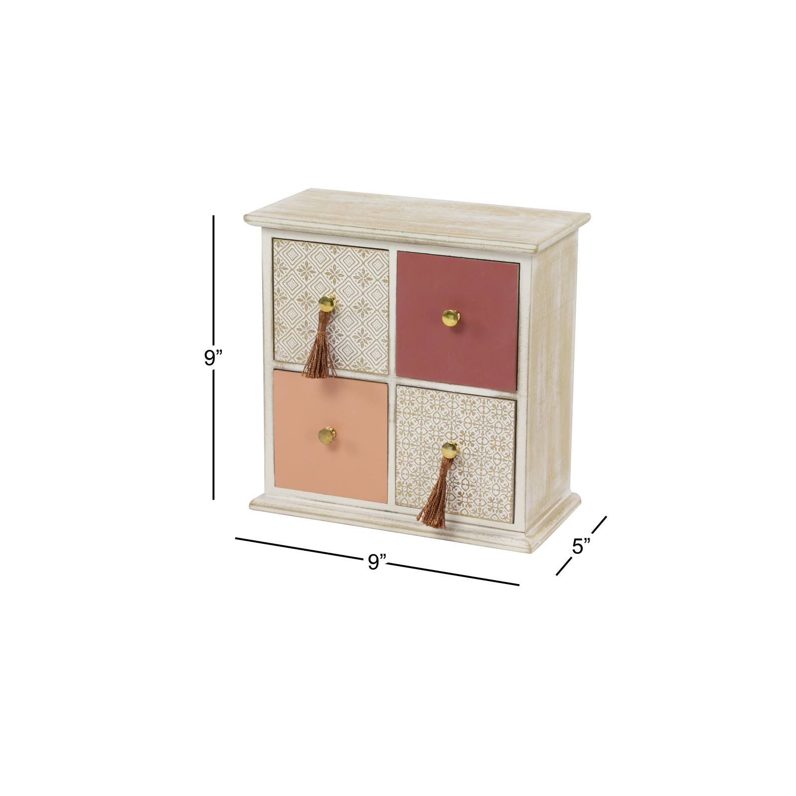 Light Brown Linen & Wood Eclectic 4-Drawer Jewelry Box