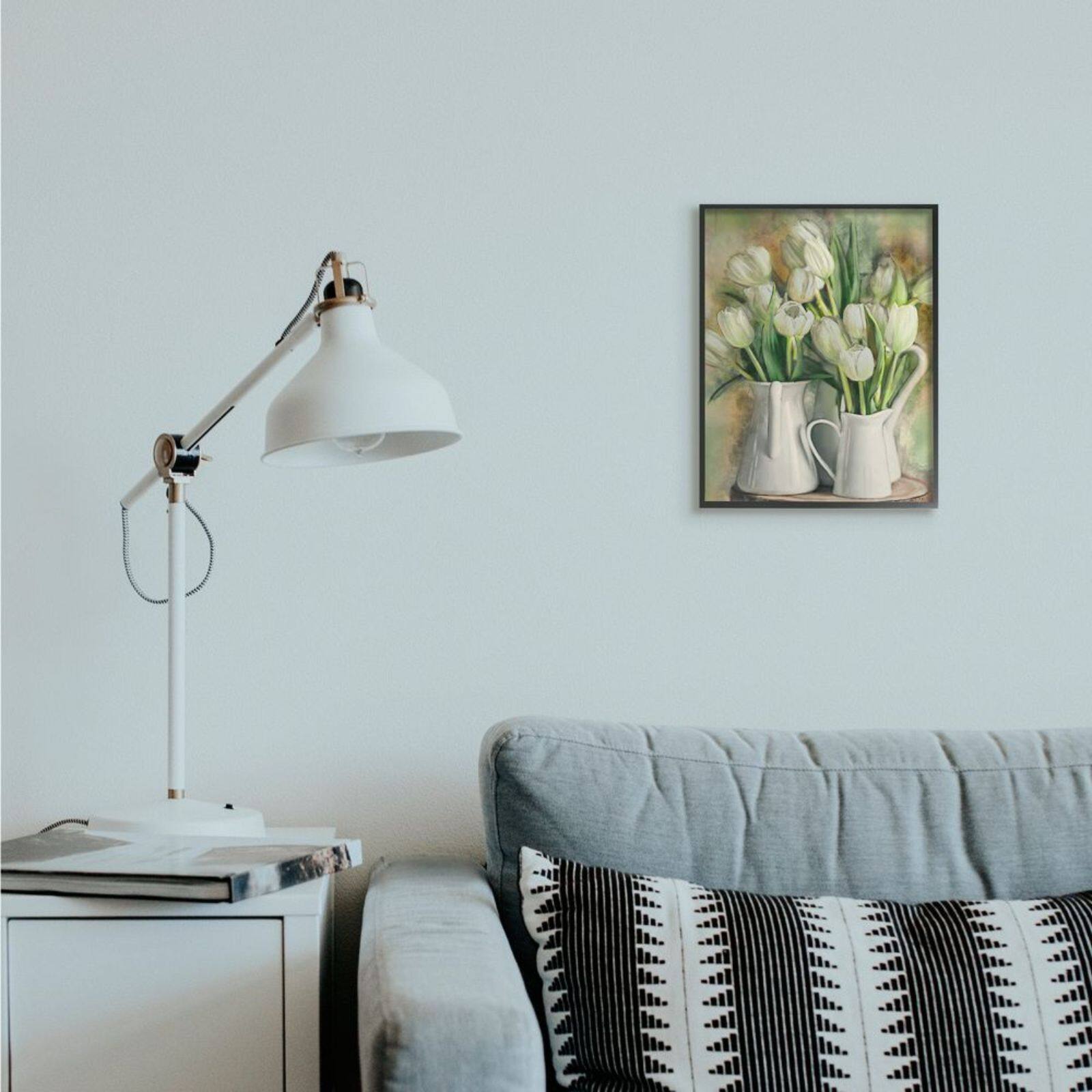 Stupell Industries White Tulips in Charming Country Pitchers Wall Art in Black Frame