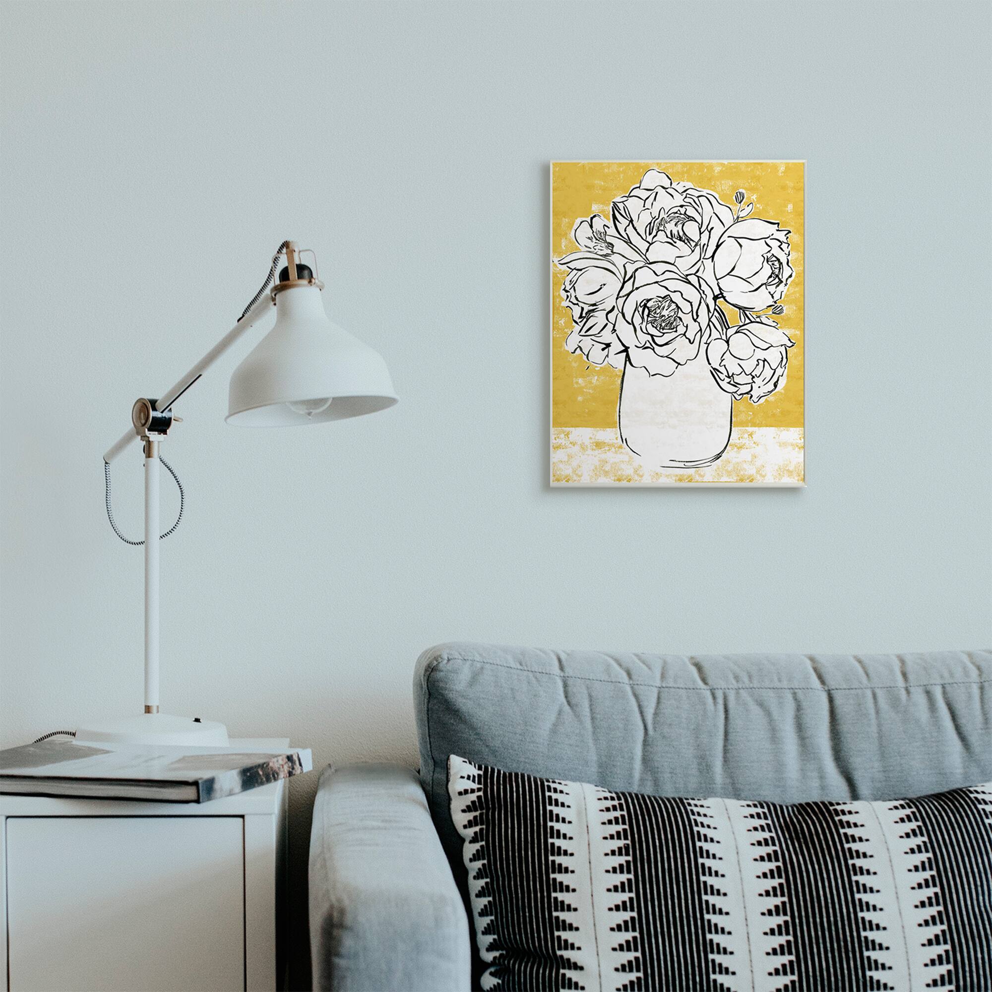 Stupell Industries Peony Sketch Bouquet Contrasted Distressed Yellow Wood Wall Plaque