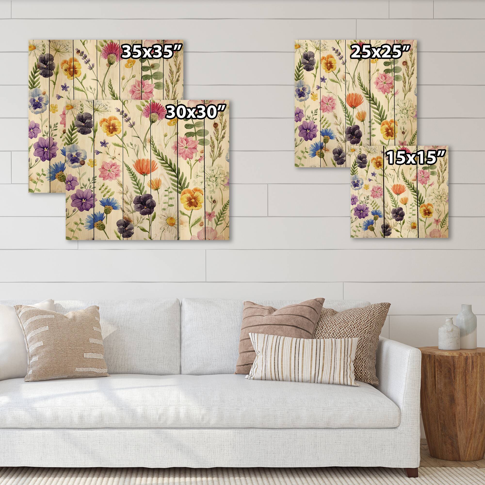 Designart - Wildflowers Floral Pattern I - Traditional Print on Natural Pine Wood