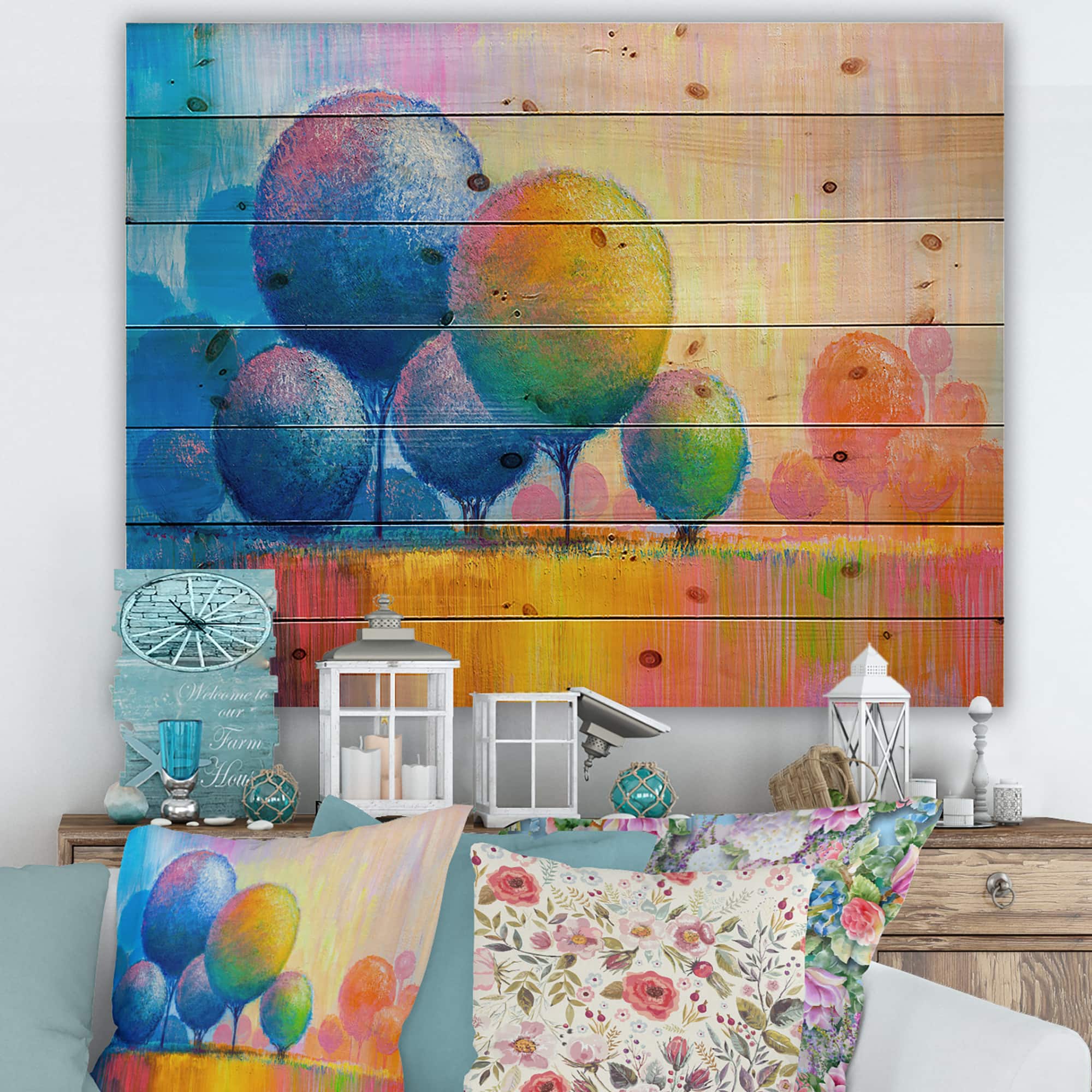 Designart - Colourful Ornamental Trees VII - Modern Print on Natural Pine Wood