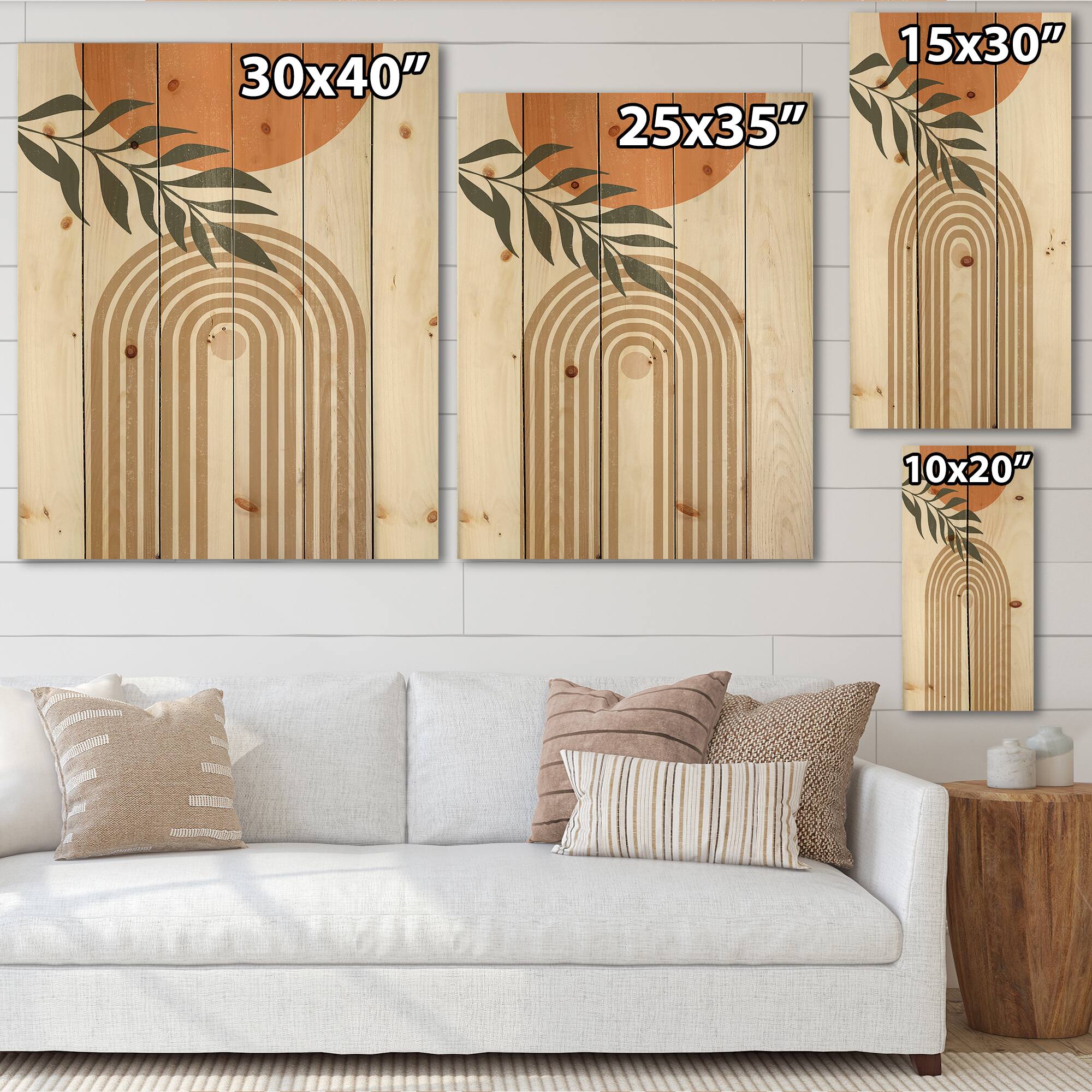 Designart - Abstract Sun Moon Leaves I - Modern Print on Natural Pine Wood