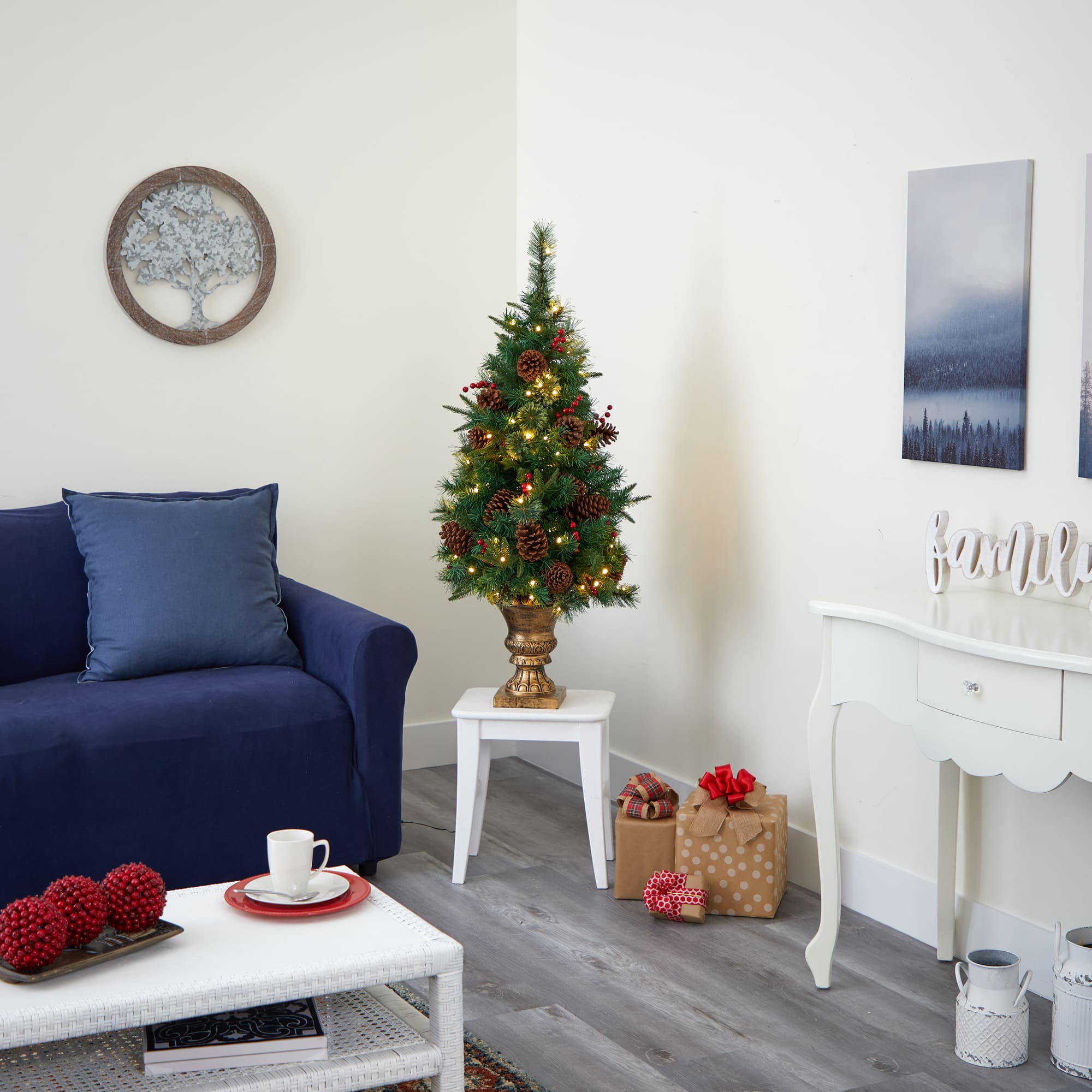 4ft. Pre-Lit Pine Artificial Potted Christmas Tree with Pinecone & Berries, Clear LED Lights