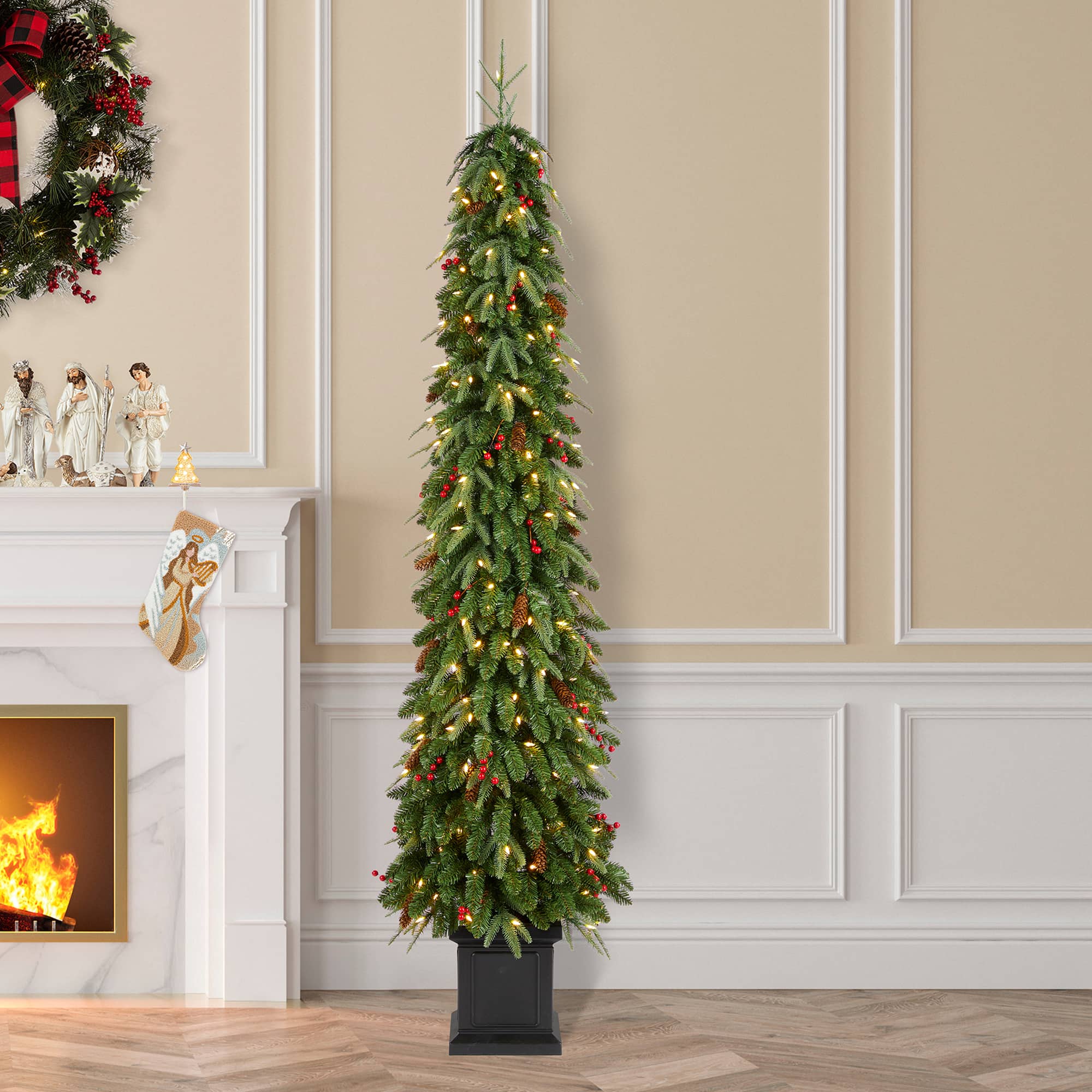 Glitzhome® 7ft Pre-lit Green Artificial Christmas Porch Tree, Warm White Lights