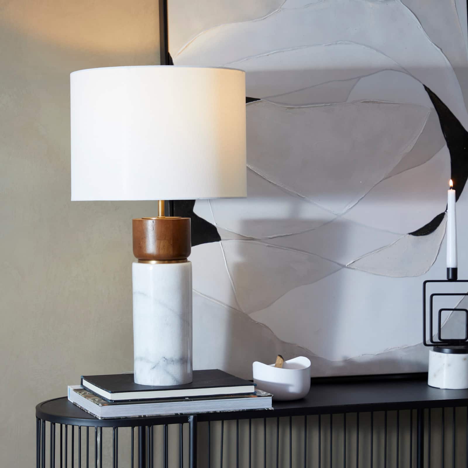White Marble Thick Stand Table Lamp with Drum Shade 15" x 14" x 25"