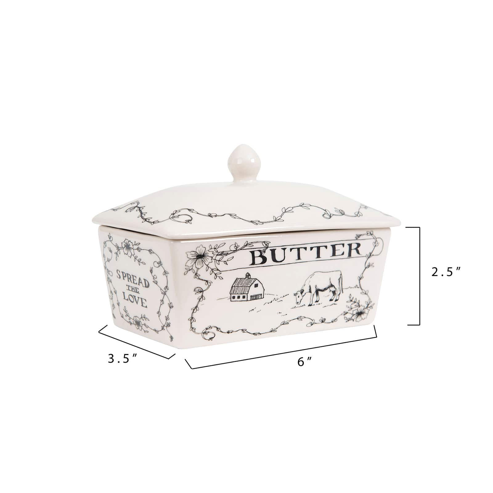 Hello Honey® 7" Country Style White & Black Stoneware Butter Dish with Lid