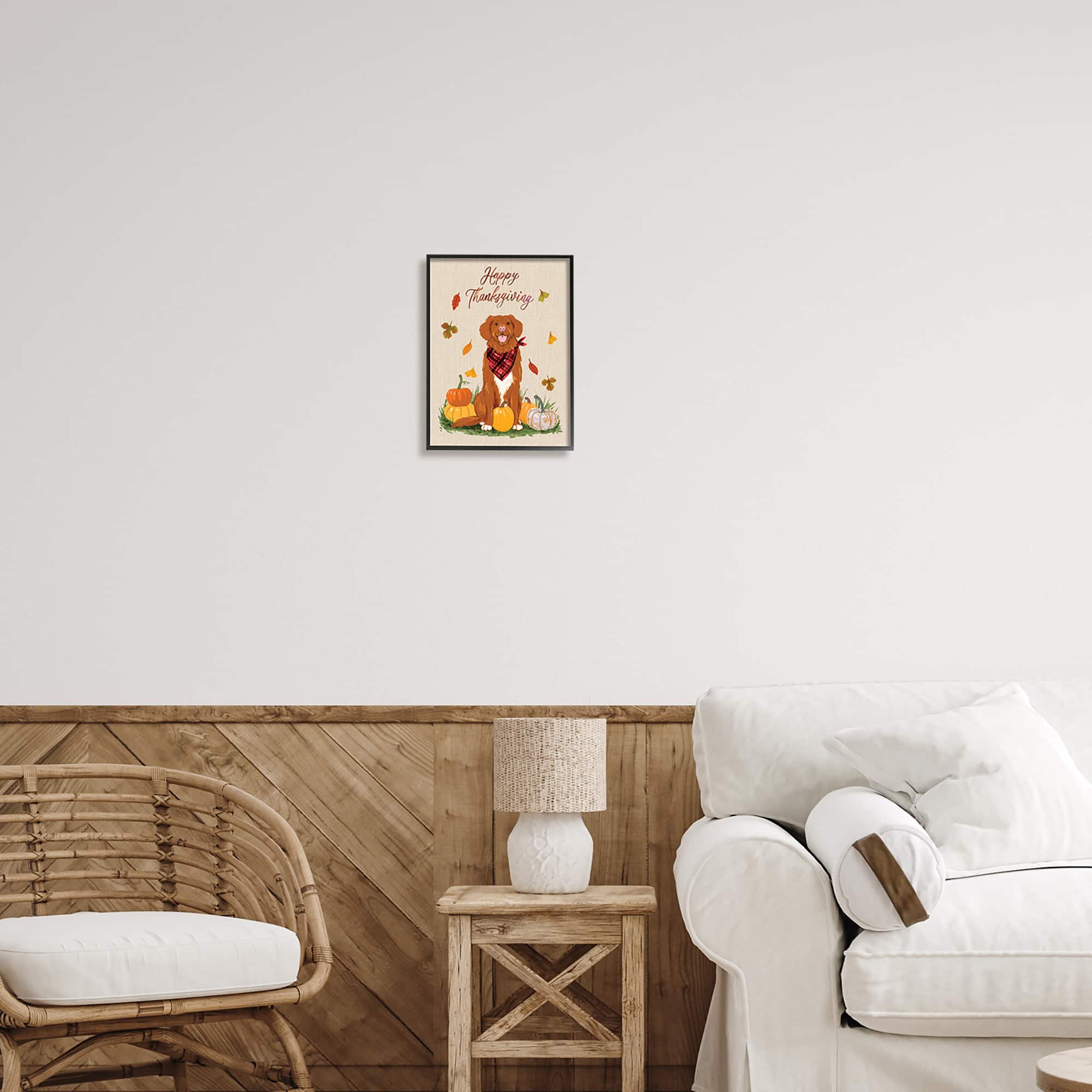 Stupell Industries Happy Thanksgiving Pumpkins Dog Framed Giclee Art