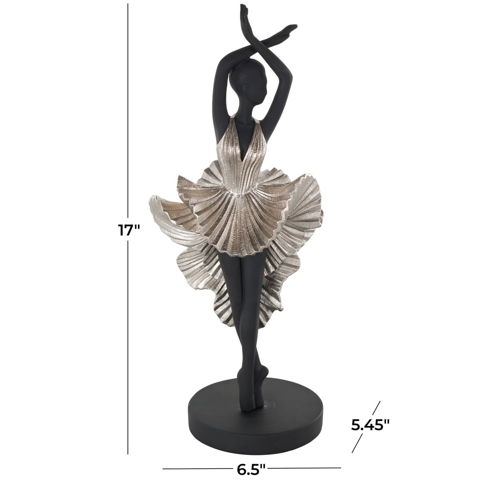 17" Black Polystone Dancer Ballerina Decorative Sculpture with Silver Dress