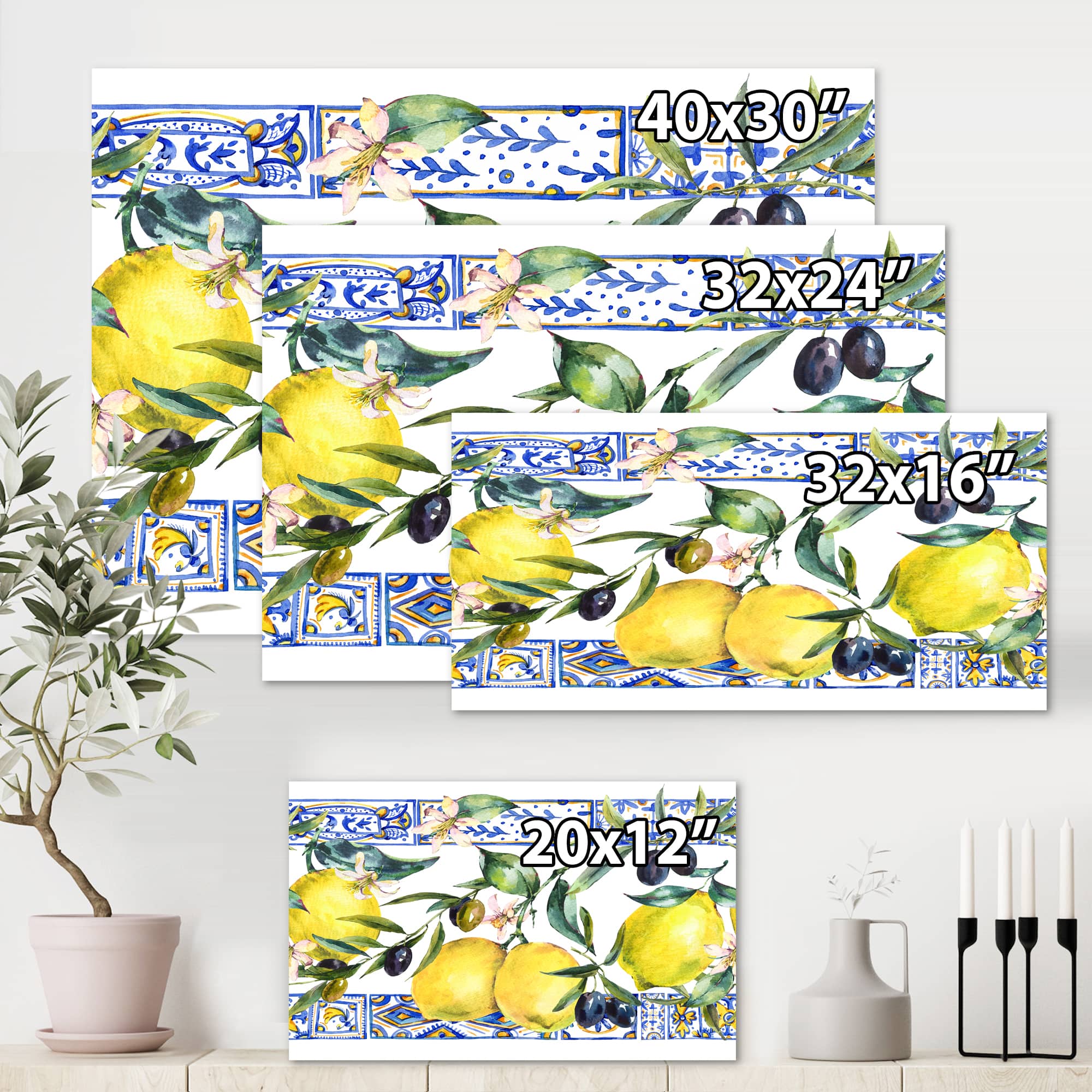 Designart - Lemon Ornament On Blue Geometrical Pattern II - Tropical Canvas Wall Art Print