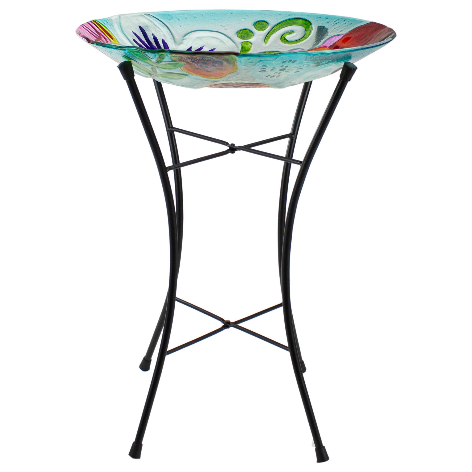 21'' White and Blue Hand Painted Floral Glass Birdbath