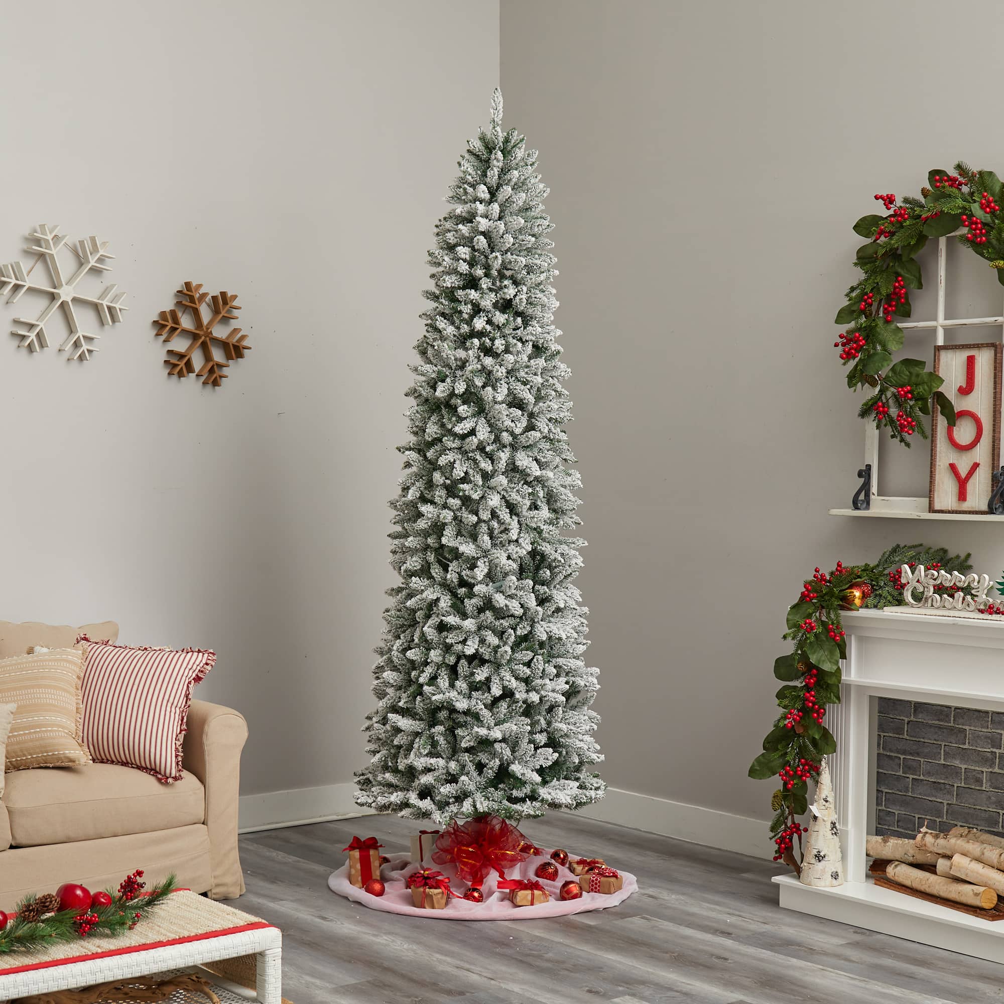 9ft. Pre-Lit Slim Flocked Montreal Fir Artificial Christmas Tree, White LED Lights