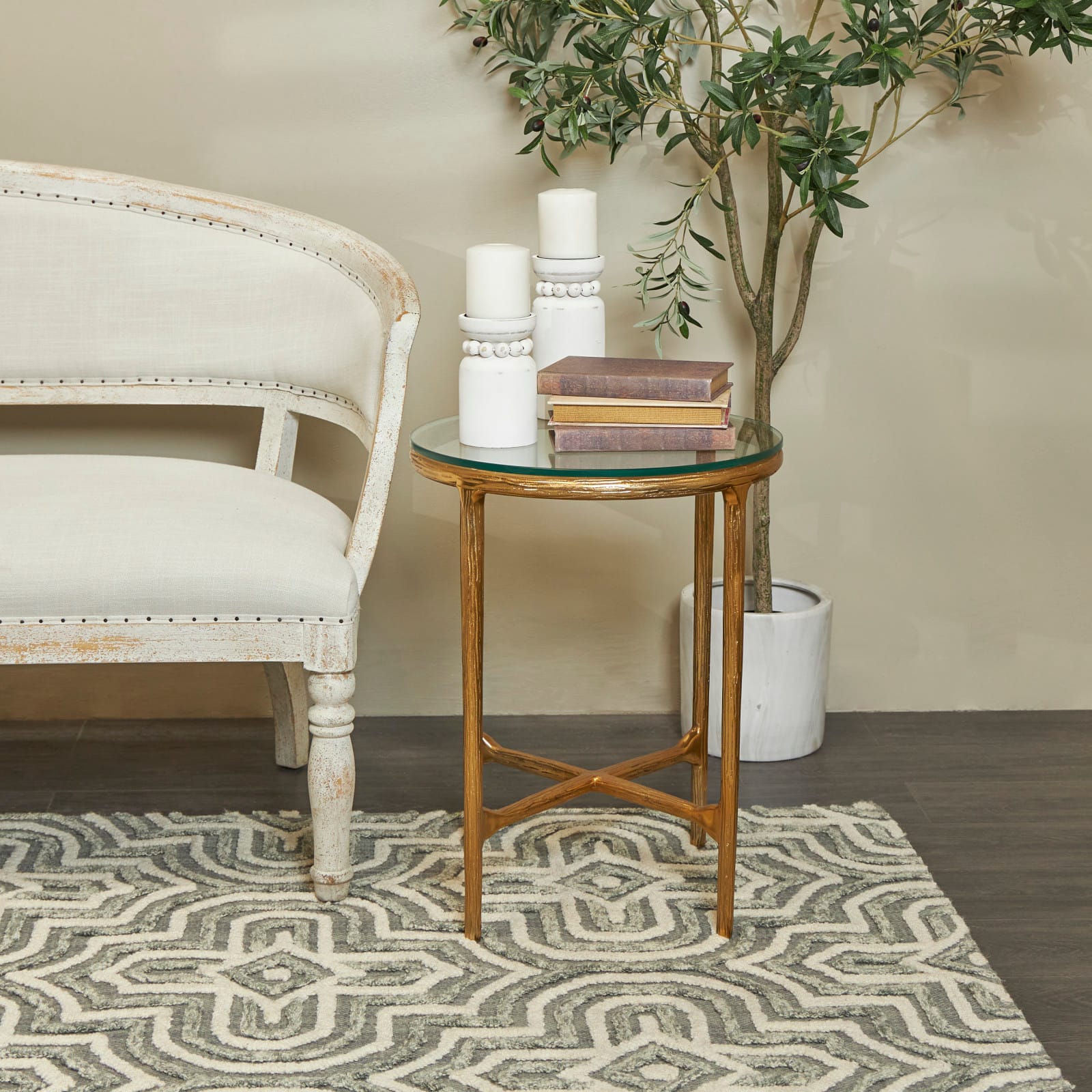 23" Aluminum Textured Accent Table with Glass Tabletop