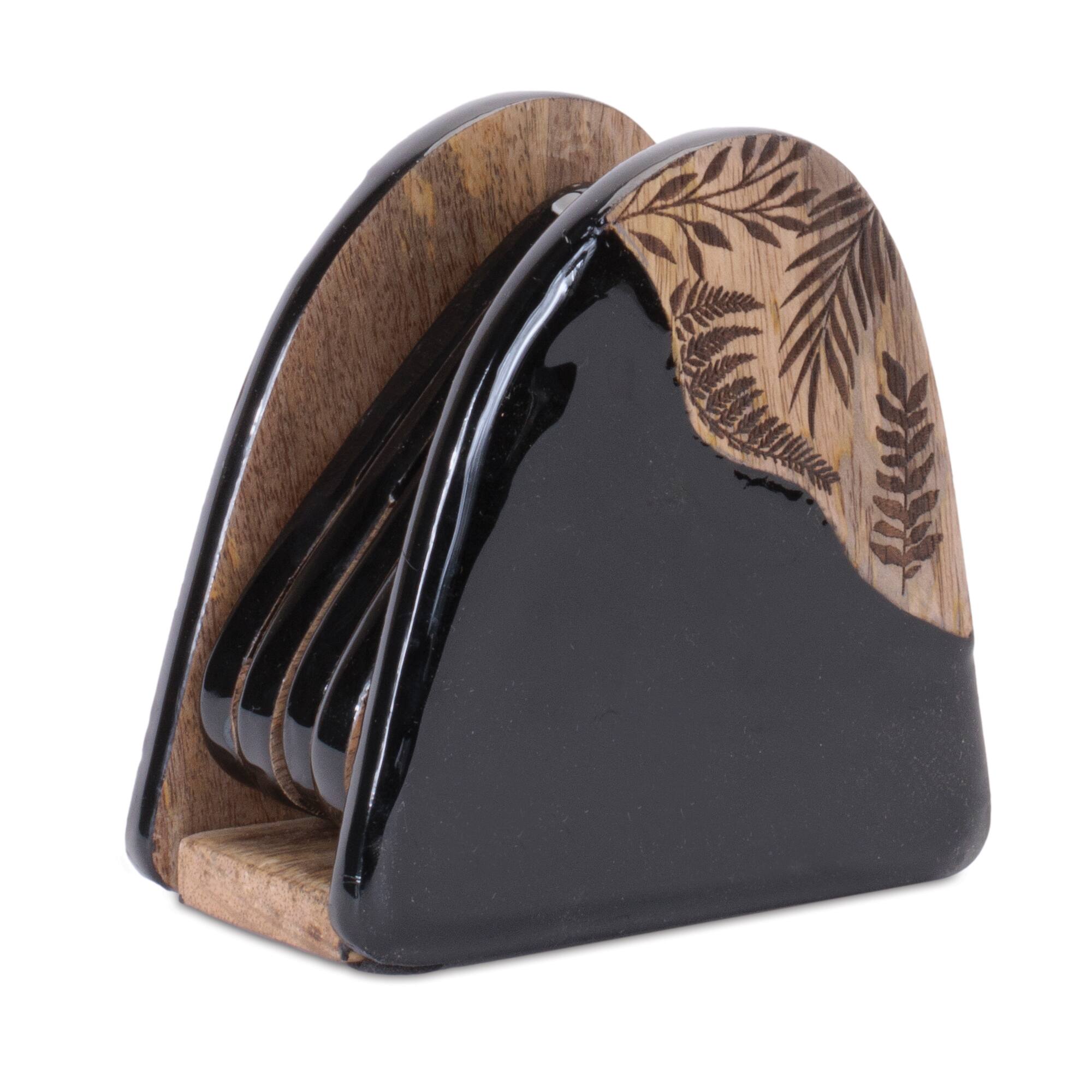 5" Floral Etched Wood Coaster with Holder Set