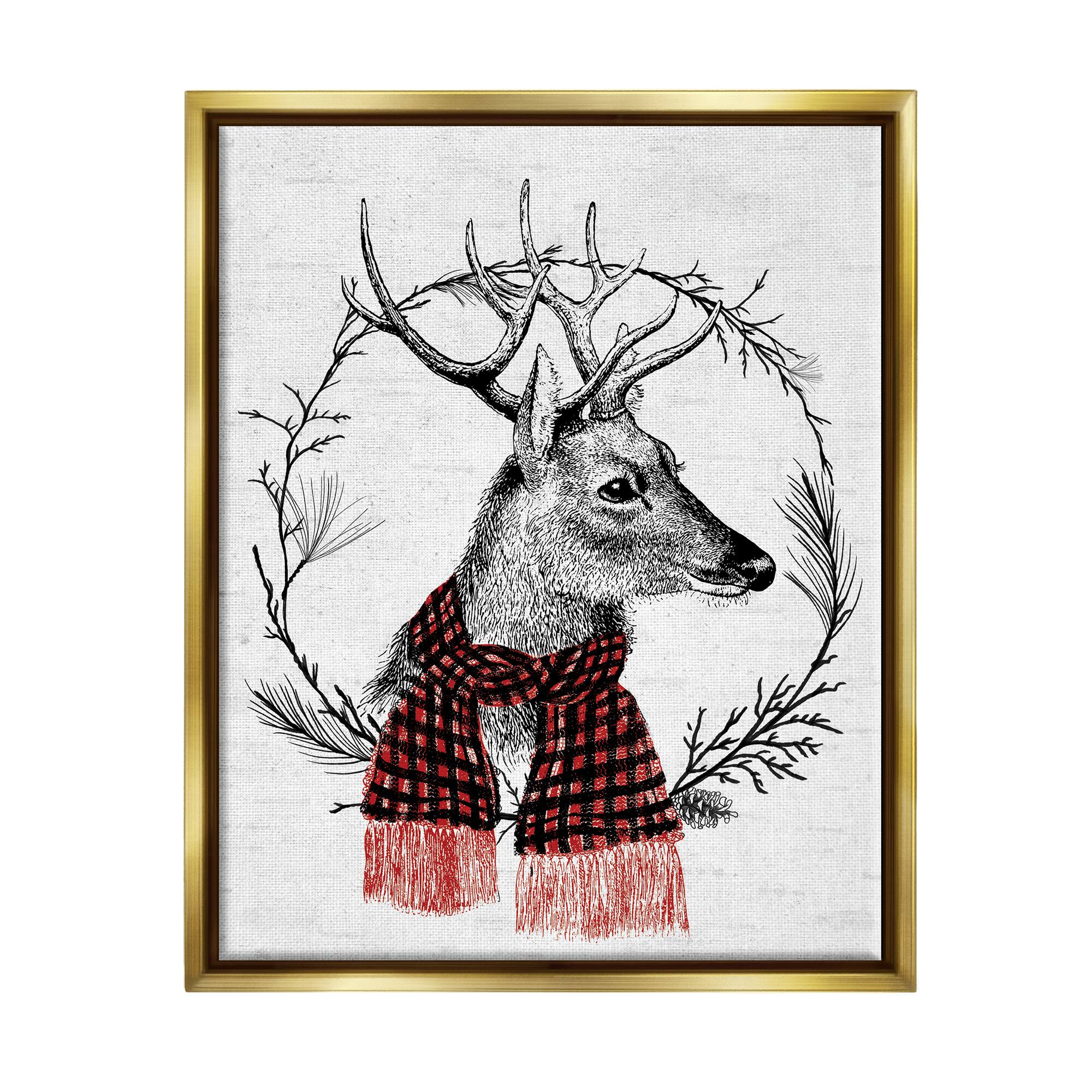 Stupell Industries Deer Winter Botanical Wreath Framed Floater Canvas Wall Art