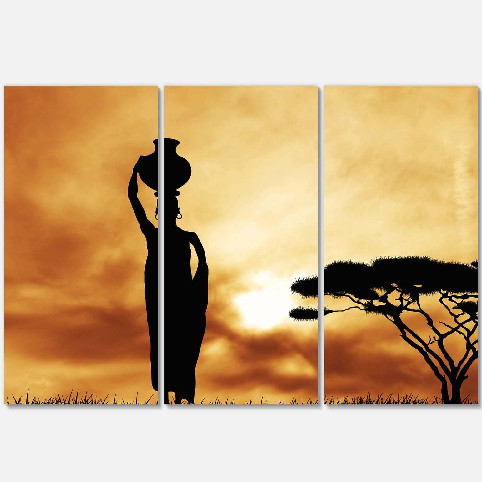 Designart - African Woman and Lonely Tree - African Landscape Canvas Art Print