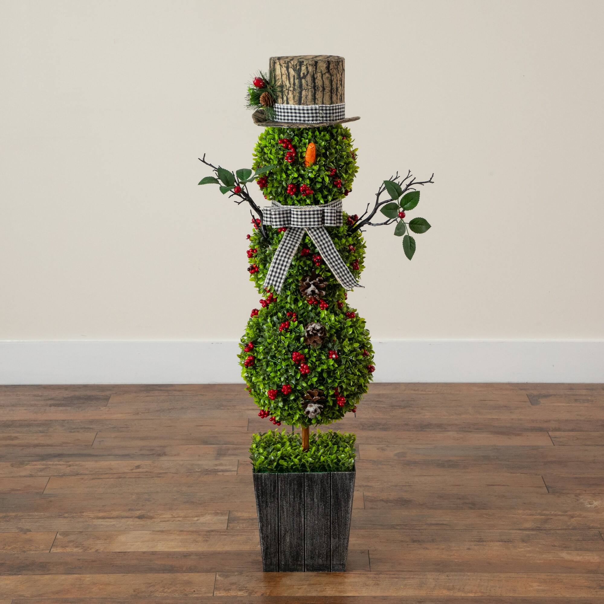 Nearly Natural 3.5ft. Pre-Lit Artificial Christmas Boxwood Snowman Topiary Tree in Decorative Planter
