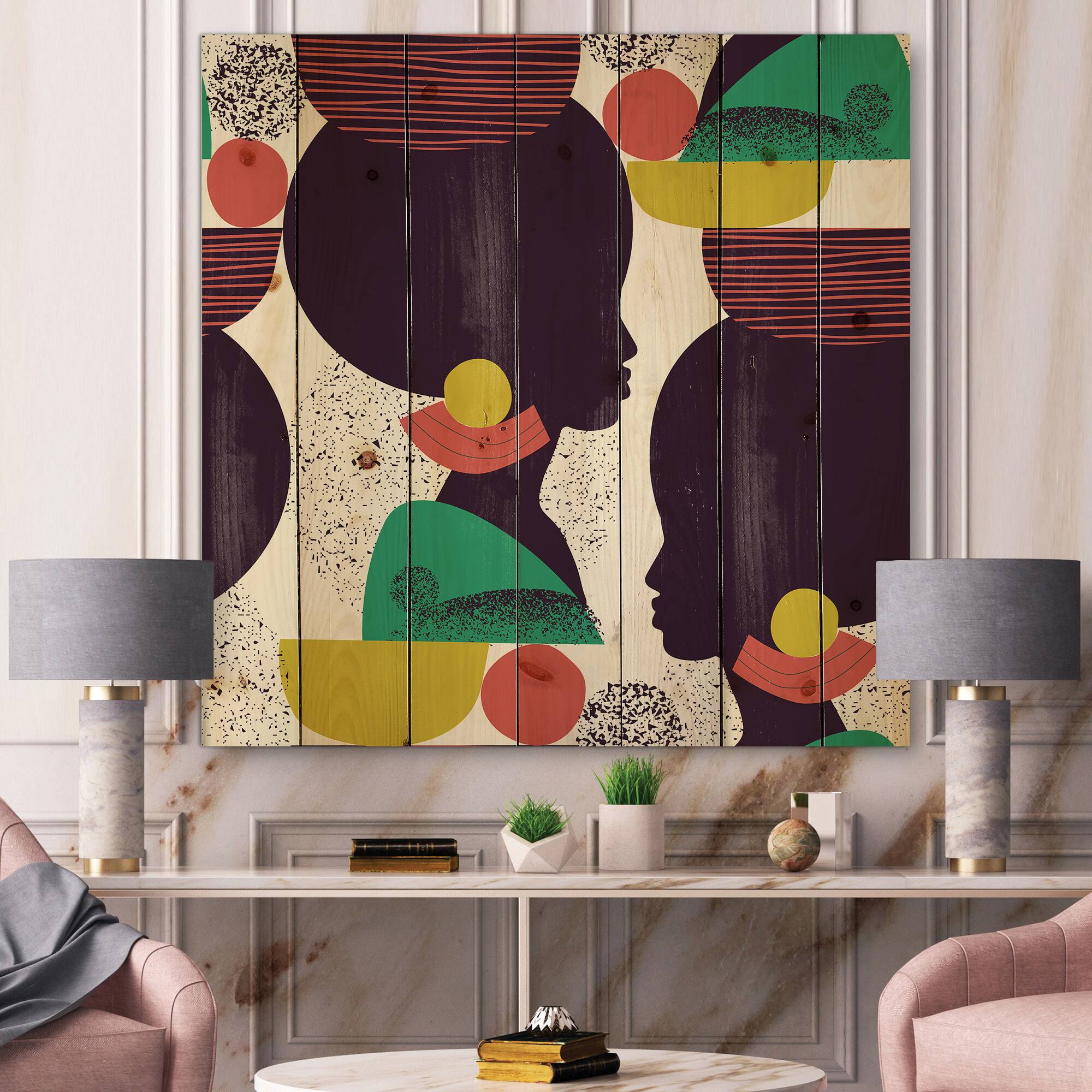 Designart - Ethnic Geometric Silhouette of Afro American III - Modern Print on Natural Pine Wood