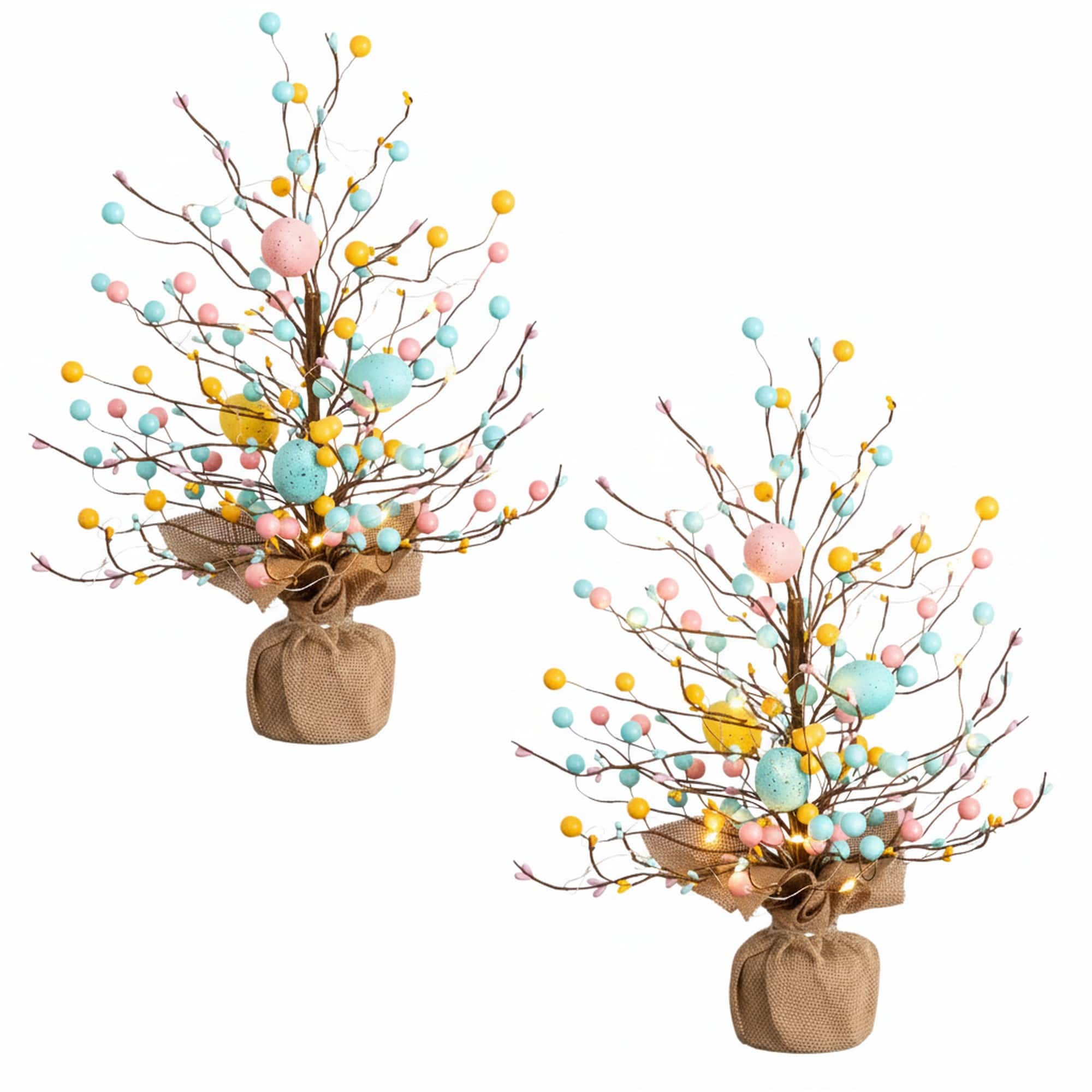 18" Pre-Lit Artificial Easter Egg Twig Tree with 30 LED Lights in Burlap Wrapped Base - Set of 2